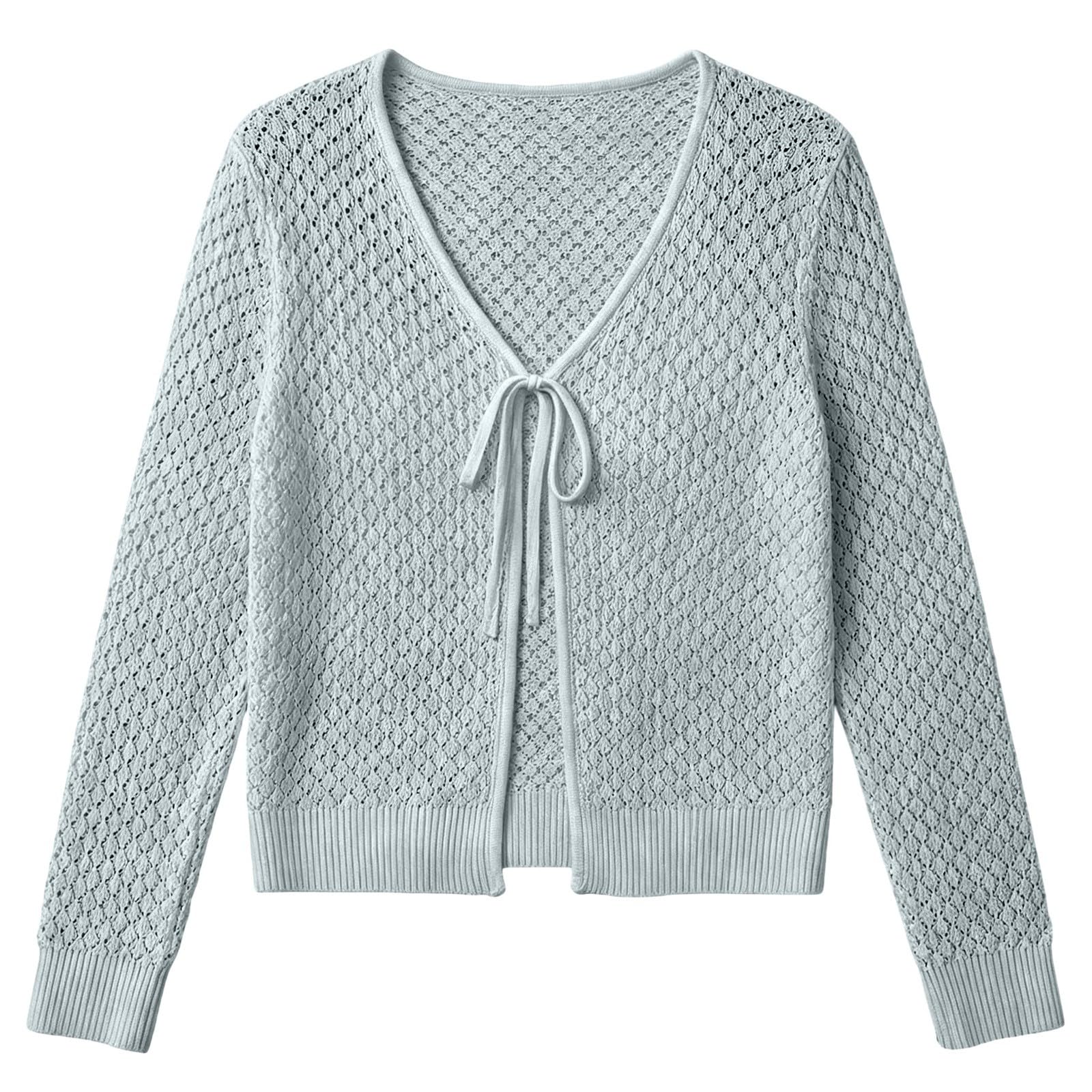 Maglia da donna estiva, a maniche lunghe, cardigan funky ed elegante | Maglietta estiva casual con allacciatura frontale, morbida e sottile, per casa, vacanze, maglietta in tessuto a rete