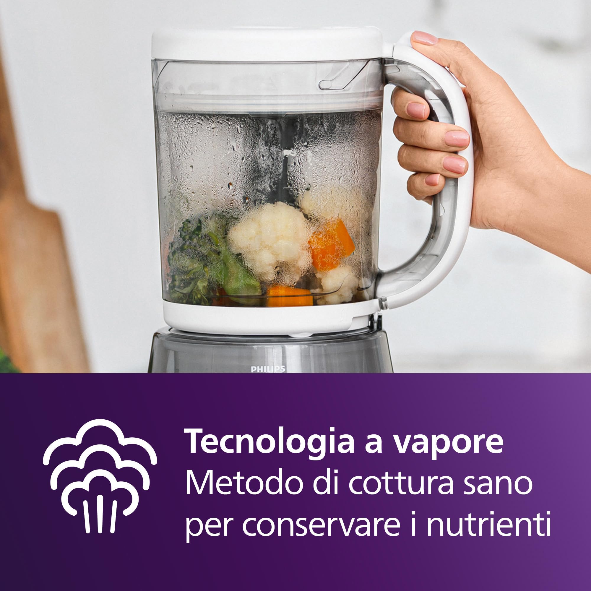 Philips Avent SCF883/01 EasyPappa Plus 4 in 1 Cuocipappa Multifunzione, Cuoci a Vapore, Frulla, Scongela e Riscalda in un Recipiente, 1 litro, Bianco/Grigio