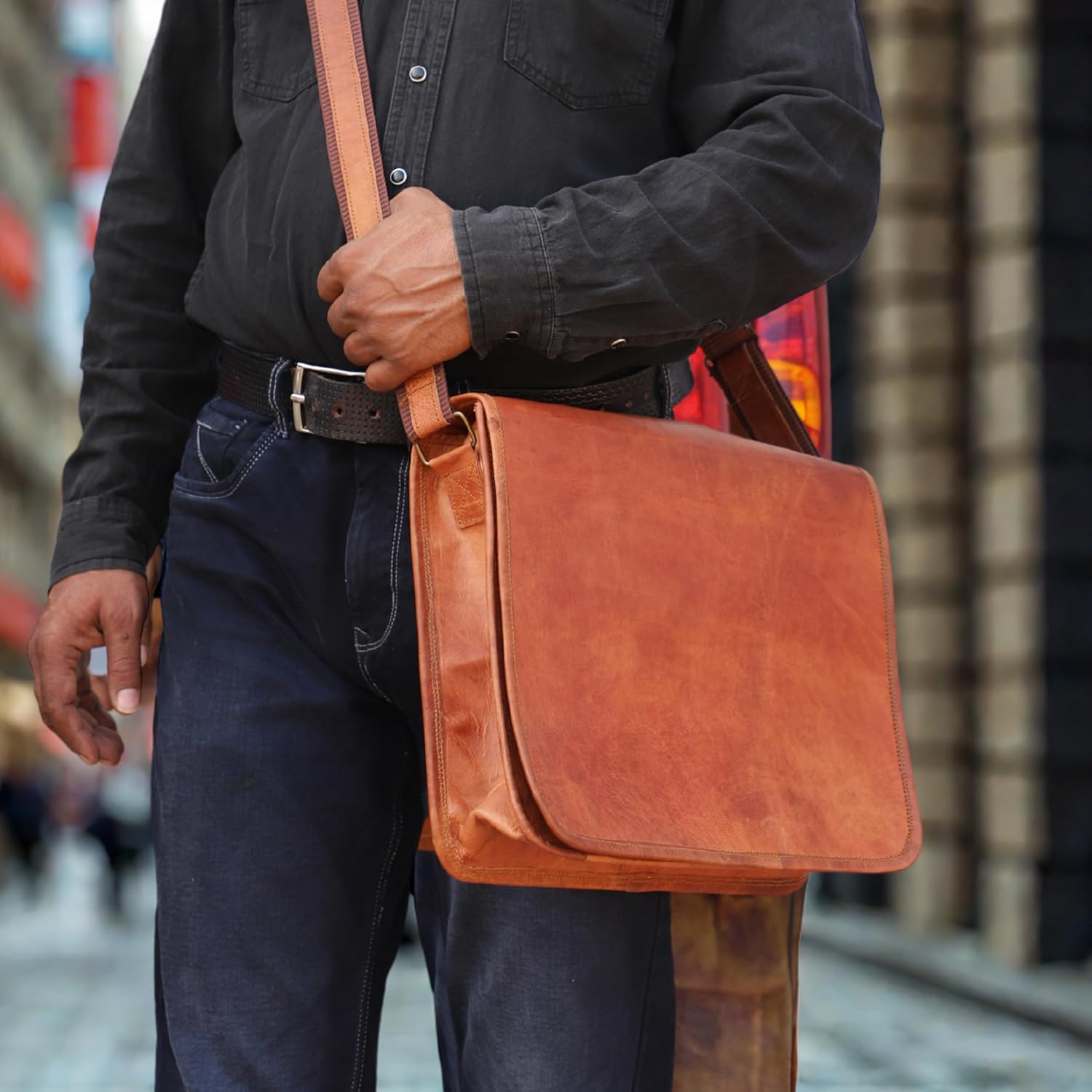 15-Inch Genuine Leather Messenger Bag for Men – Handmade Vintage Laptop Satchel, Crossbody Shoulder Bag with Adjustable Strap & Multiple Compartments - Image 2