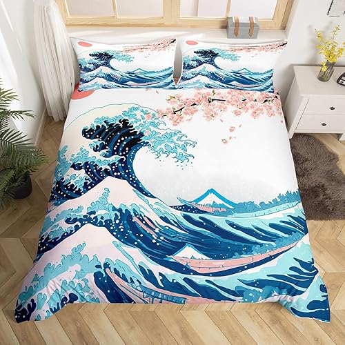 Juego de ropa de cama con diseño de flor de cerezo, tamaño Queen, funda de edredón de olas de mar japonesas, sol rojo, blanco, grulla, pájaro, para