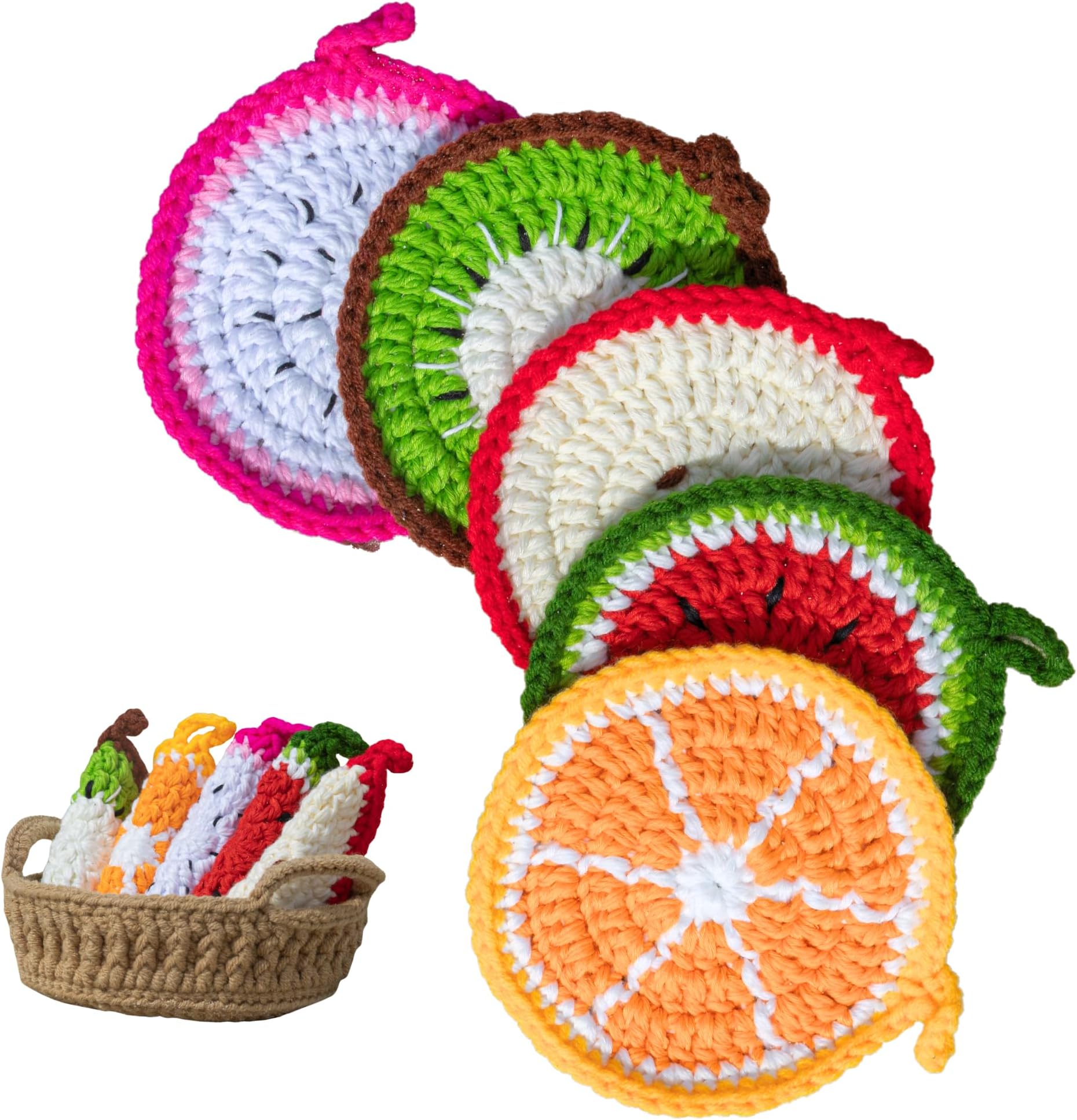 Handmade Yarn Coasters with Storage Basket – 5-Pack Soft Crochet Drink Coasters – Washable, Durable – Unique Gift for Coffee Lovers, Housewarming, Birthday, (Fruit)