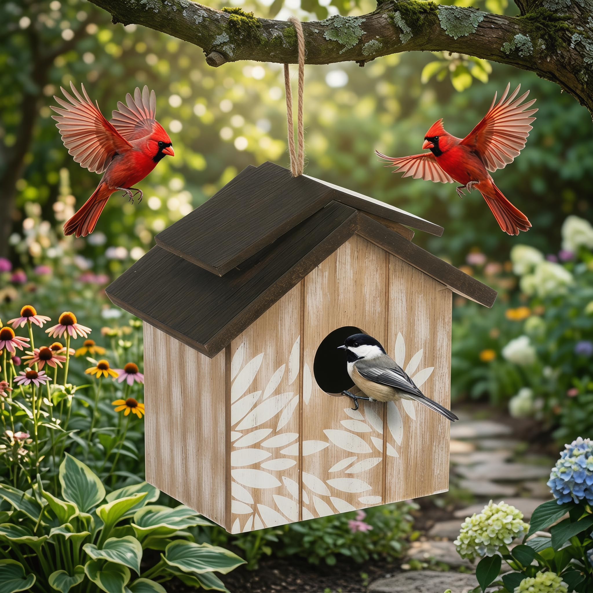 Nichoir à oiseaux en bois suspendu Topadorn aux finitions feuilles sculptées