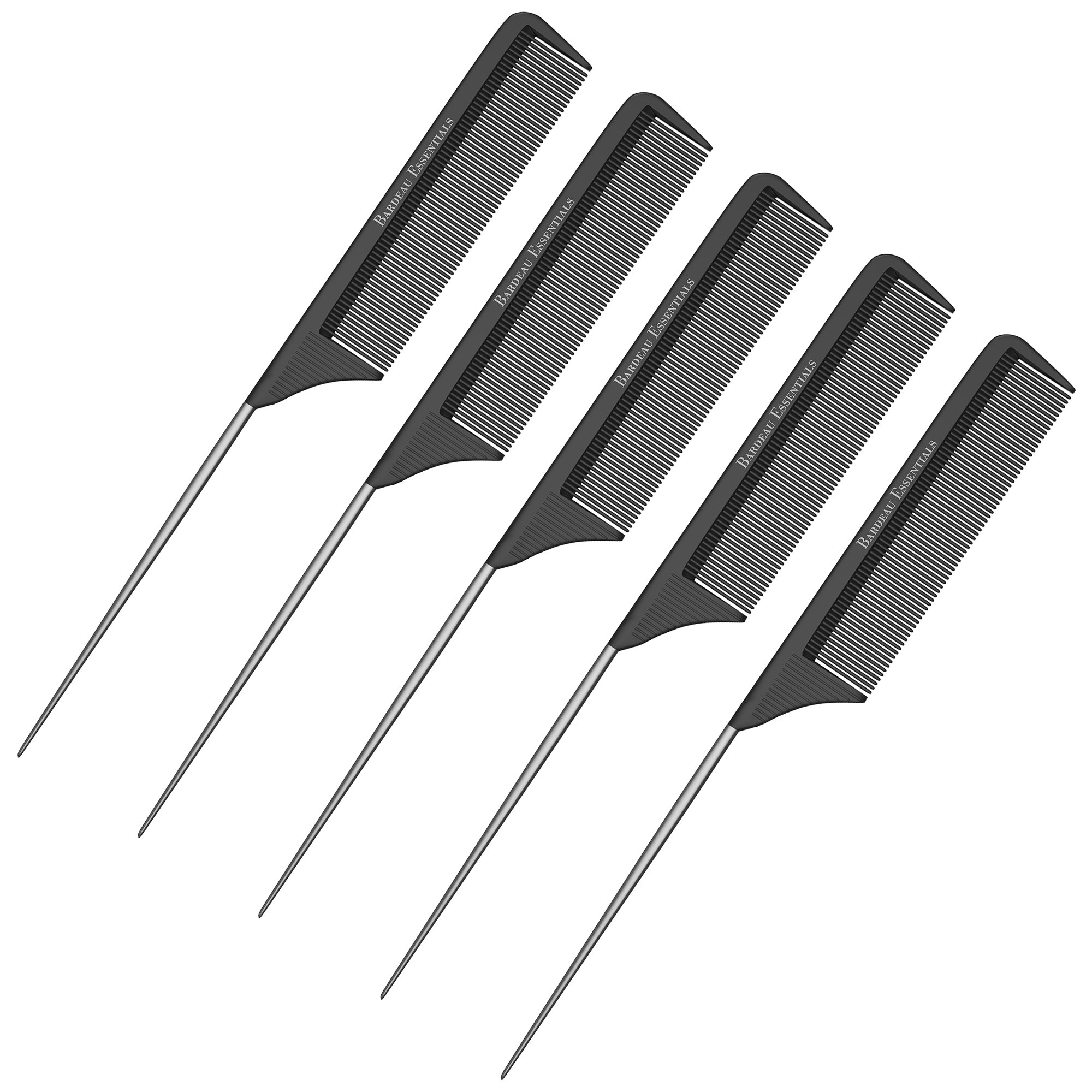 Bardeau Essentials Professional 8.8 Inch Tail Comb (5 Pack) - Black Carbon Fiber and Stainless Steel Pintail - Anti Static and Heat Resistant Teasing