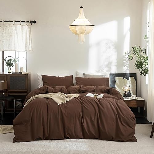 Miniatura 12 de FOSSA Juego de funda de edredón 100% algodón lavado, tacto súper suave, transpirable, acogedor, 3 piezas, juego de ropa de cama, color gris almendra