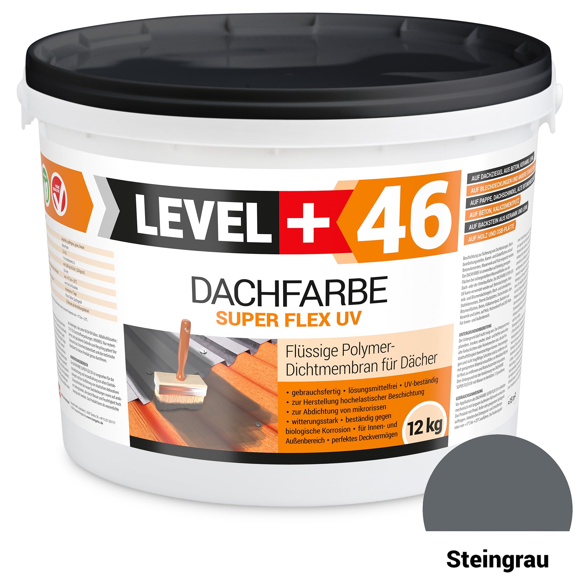 Dachfarbe 12kg Steingrau, Sockelfarbe, Dachlack, Dachsanierung, Flexibler Polymermembran Wetterbeständig + Farbroller 25cm Mikrofaser mit Bügel Set RM46