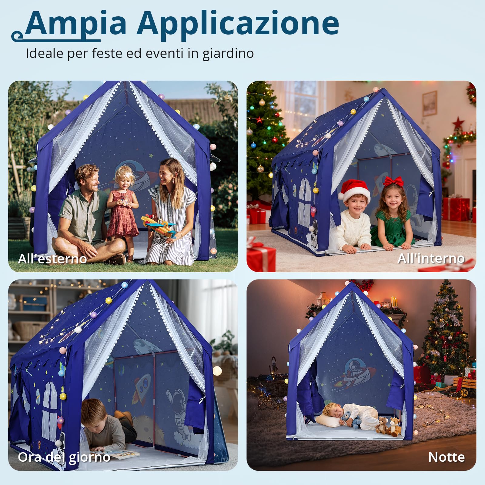Tenda da Gioco per Bambini a Tema Spaziale con Luci LED a Stelle | Capanna di Grandi Dimensioni 160×105×128cm per Interno ed Esterno con 2 Porte e Tappetino Antiscivolo, Montaggio in 15 Minuti