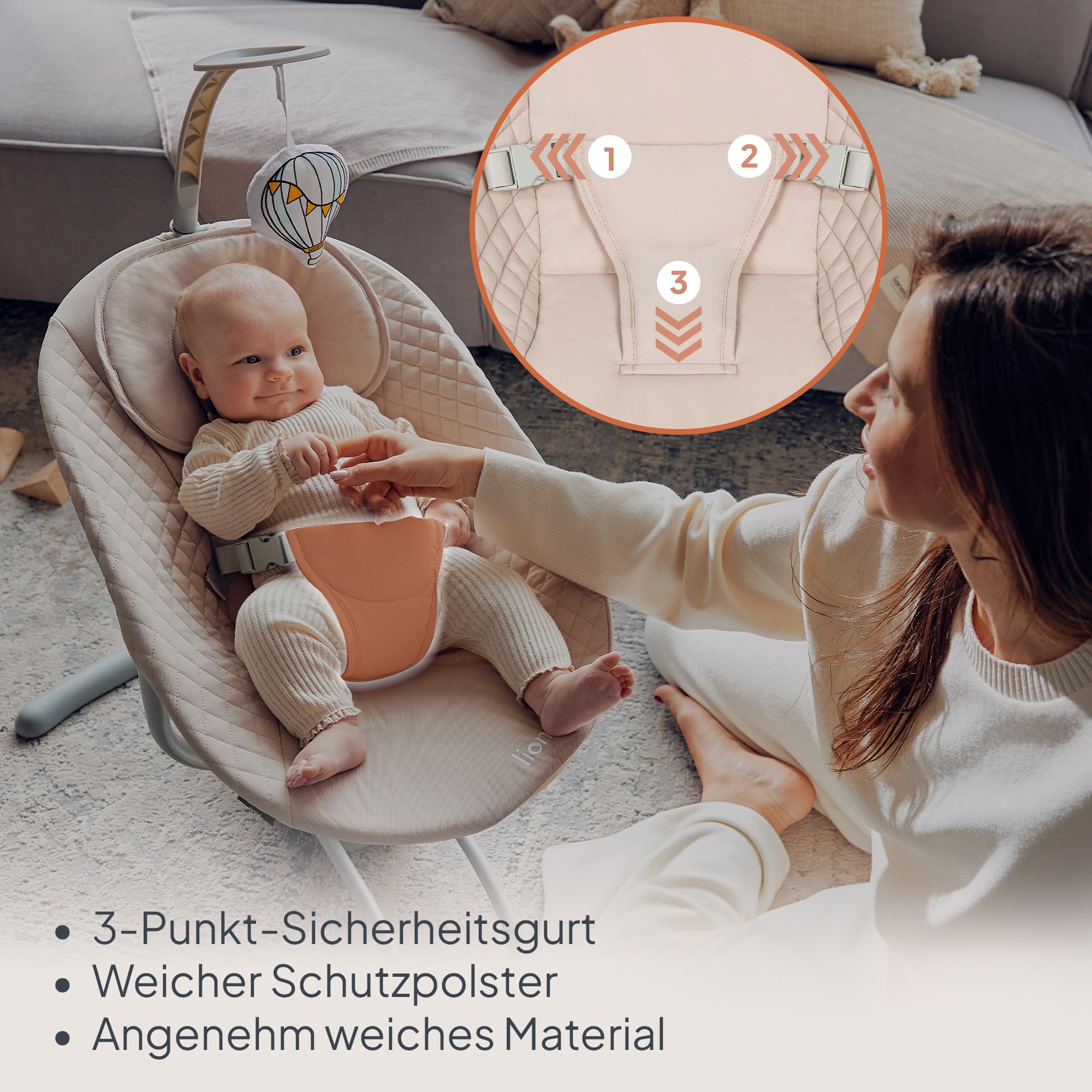 LIONELO RIO Elektrische Babywippe für Kleinkinder bis zu 9 kg | Verstellbare Rückenlehne 3 Wiegegeschwindigkeiten, Polster Sitzgurte Melodien und Geräusche der Natur Leichtes Gewicht 3,5 kg