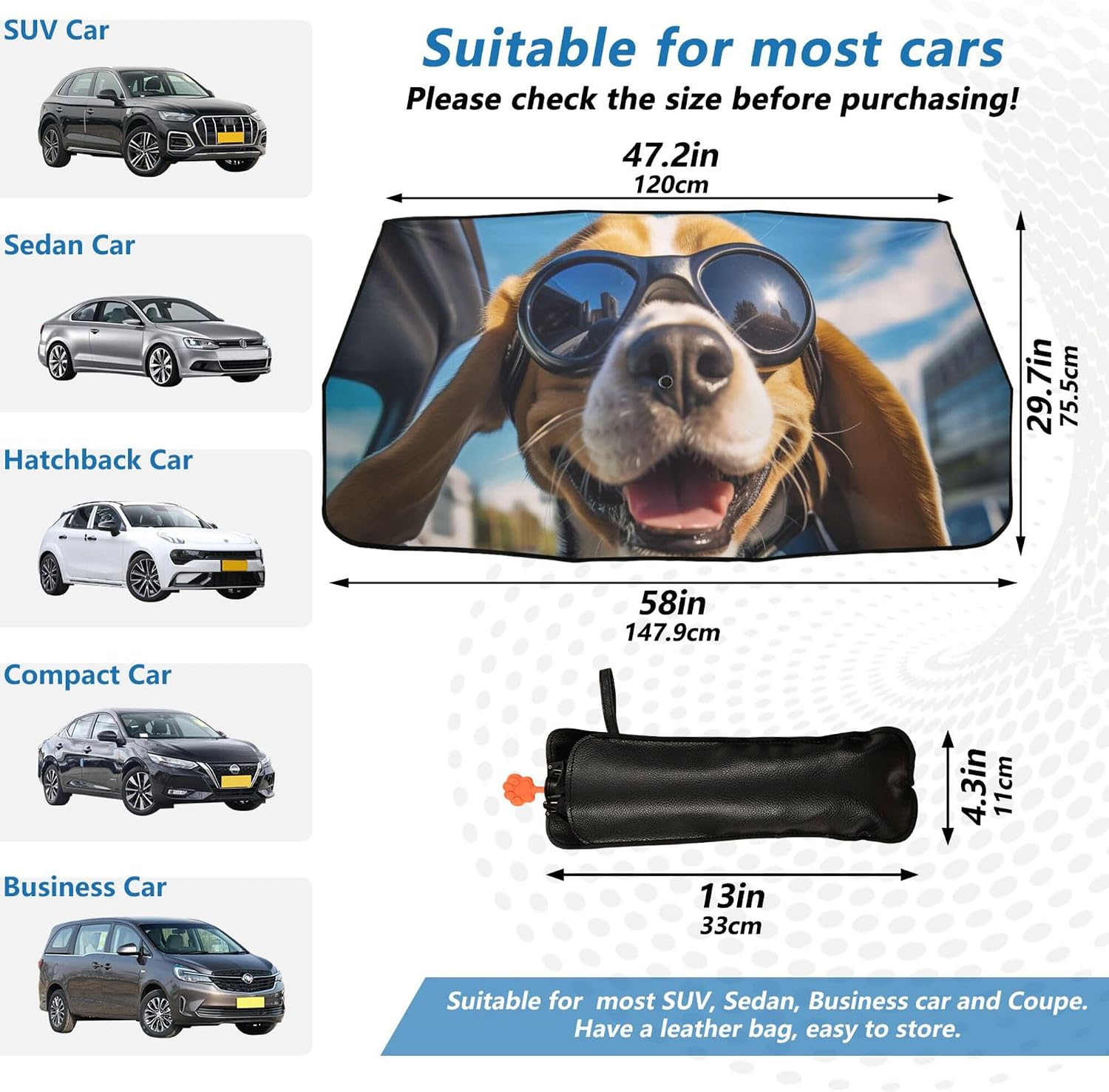 Car Umbrella Sun Shade Cover, Dog Driving with Glasses Umbrella Sun Shade for Car Truck Window Front Windshield, Blocks UV Rays Sun Visor Protector Sun Heat Reflector to Keep Your Vehicle Cool