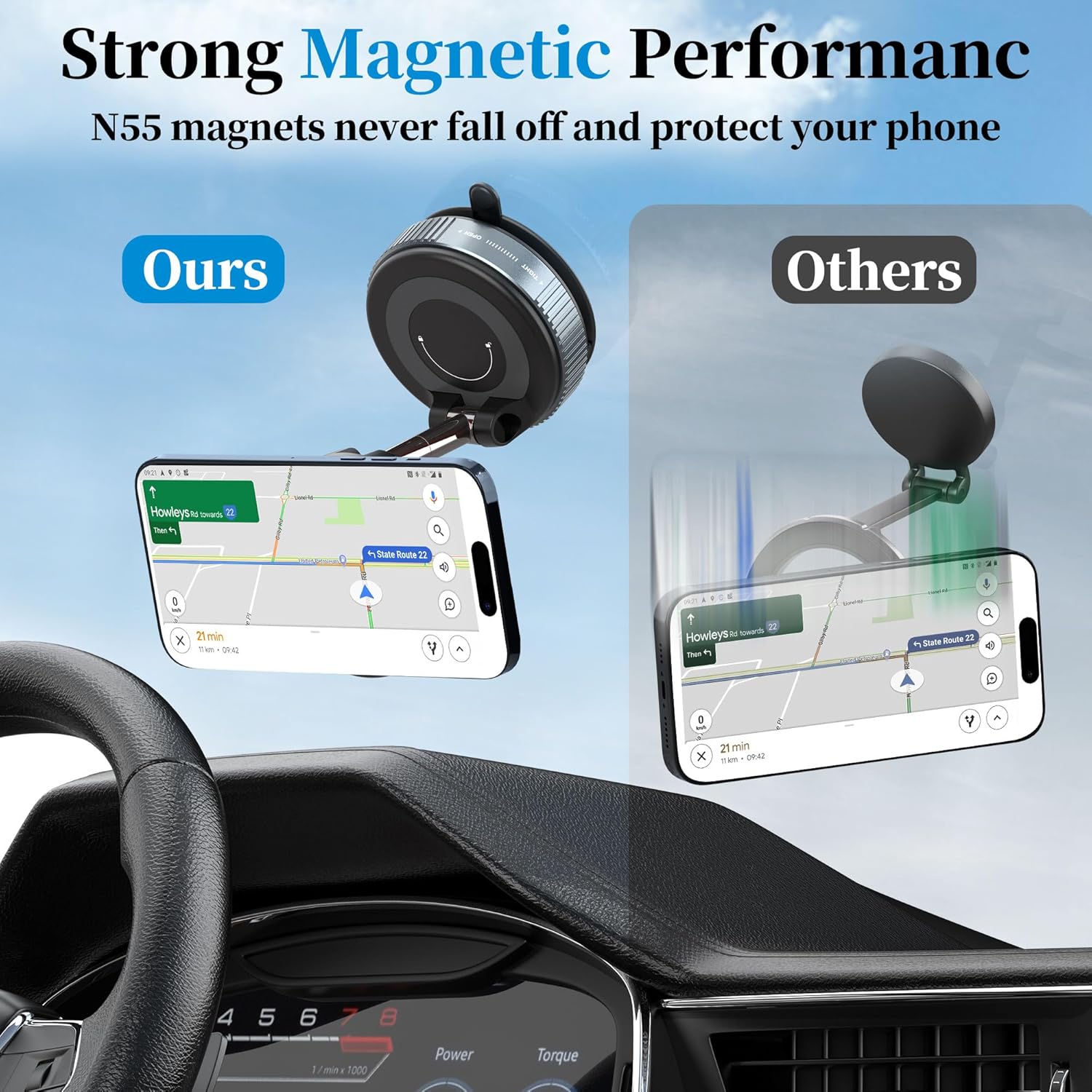 PlusAcc Vacuum Magnetic Car Phone Holder - Suction Cup Phone Mount 360° Rotatable Foldable Portable Strong Magnet Stand for iPhone 16/15/14/13 & Samsung in Gym, Mirror,Smooth Surface, All Vehicles - Image 6