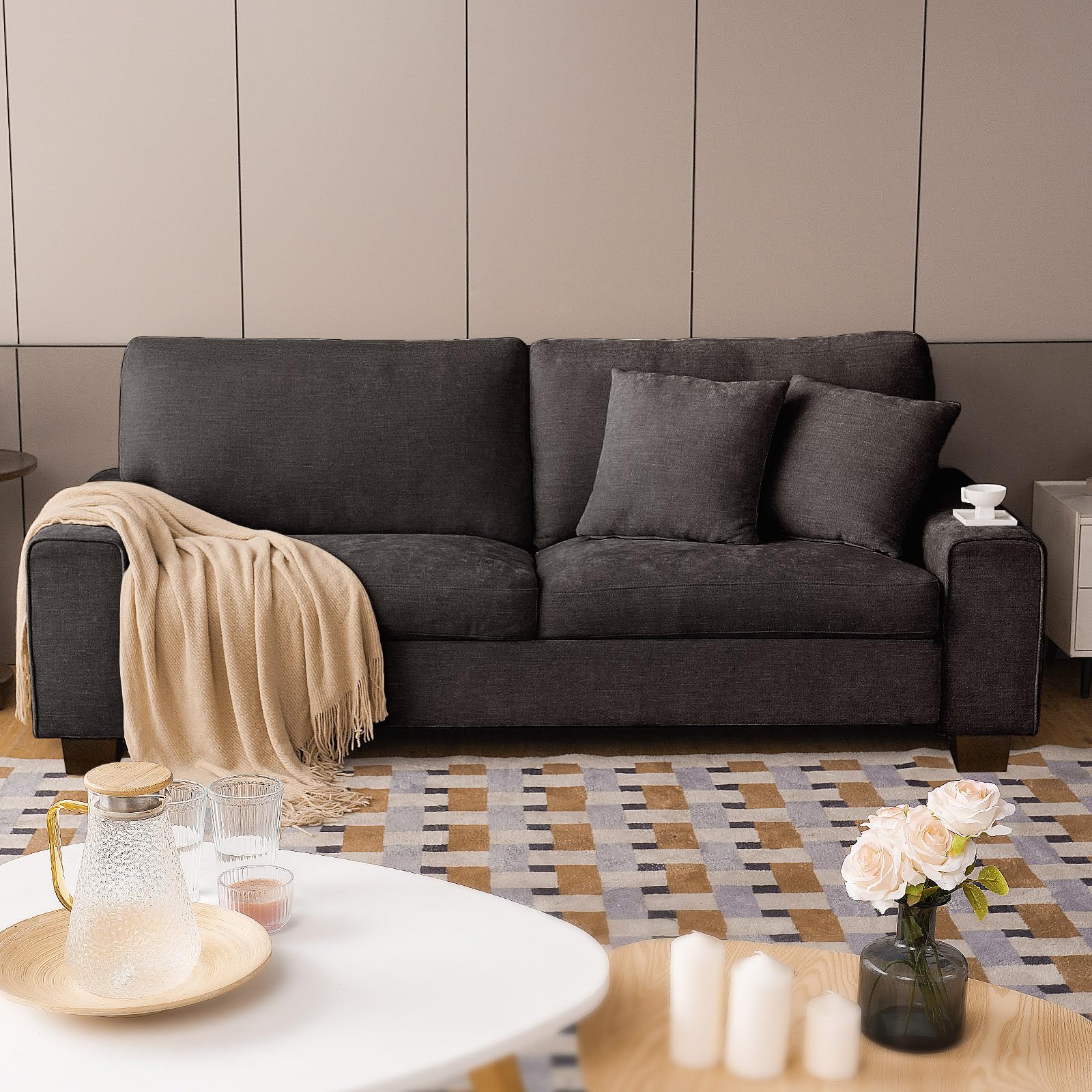 DOPEDIO Modern Loveseat Sofa for Living Room,Chenille Recliner, Removable Cover, Spring Cushions, Solid Wood Frame, Easy Assembly for Small Spaces (88.58inch，Dark Grey)