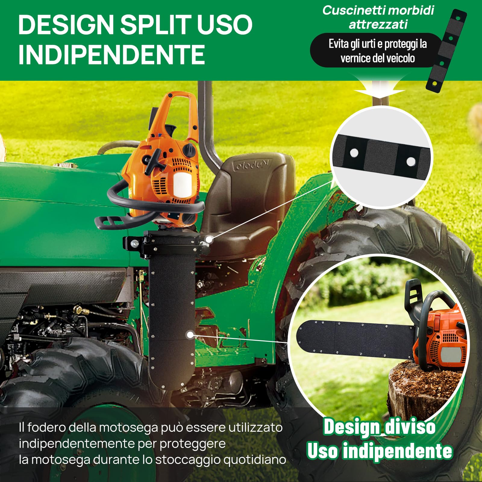 Zozen Supporto per motosega trattori，Adatto a tutte le dimensioni di sega | Supporto da 5,9kg per portellone ad apertura laterale+fodero per motosega; supporto per ATV/UTV; protezione dalle vibrazioni.