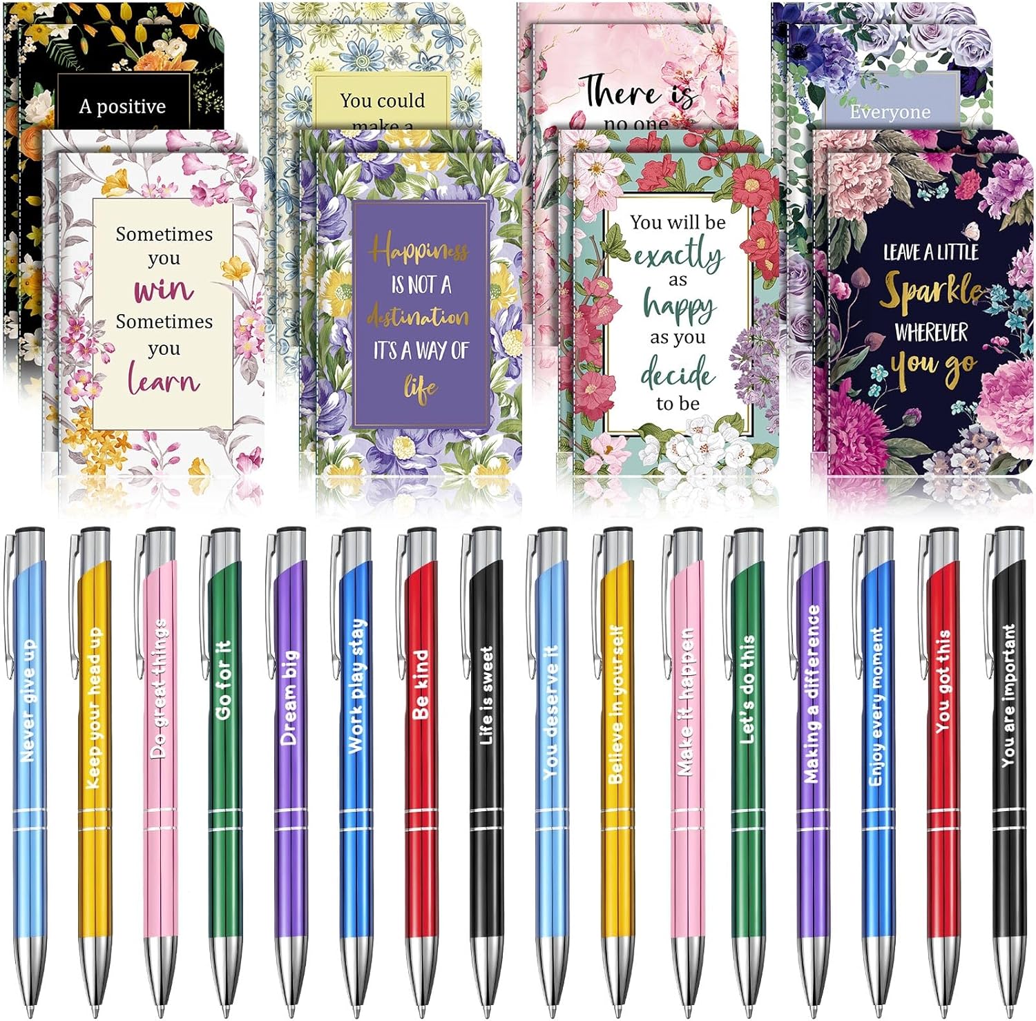 Funrous 32 Pcs Motivational Quote Pens Inspirational Notepads Mini Journal with Ballpoint Pen Small Notebooks Gift Set for Men Women Coworkers, Adult Party Favors Christmas Prizes Gift(Motivational)