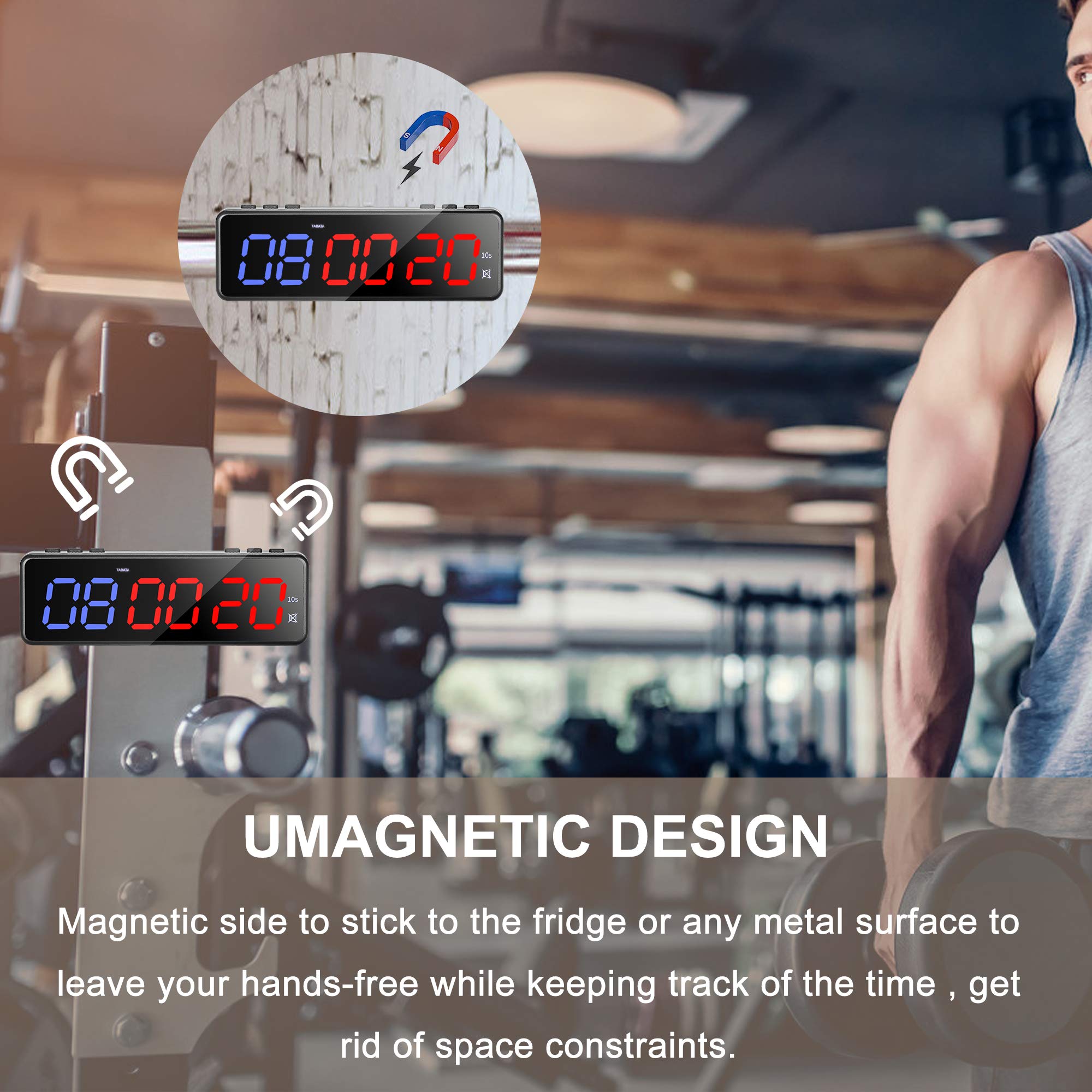 Timer a LED per allenamento e palestra, timer magnetico posteriore programmabile per allenamento fitness con telecomando, cronometro per TABATA FGB (blu+rosso+APP BT)