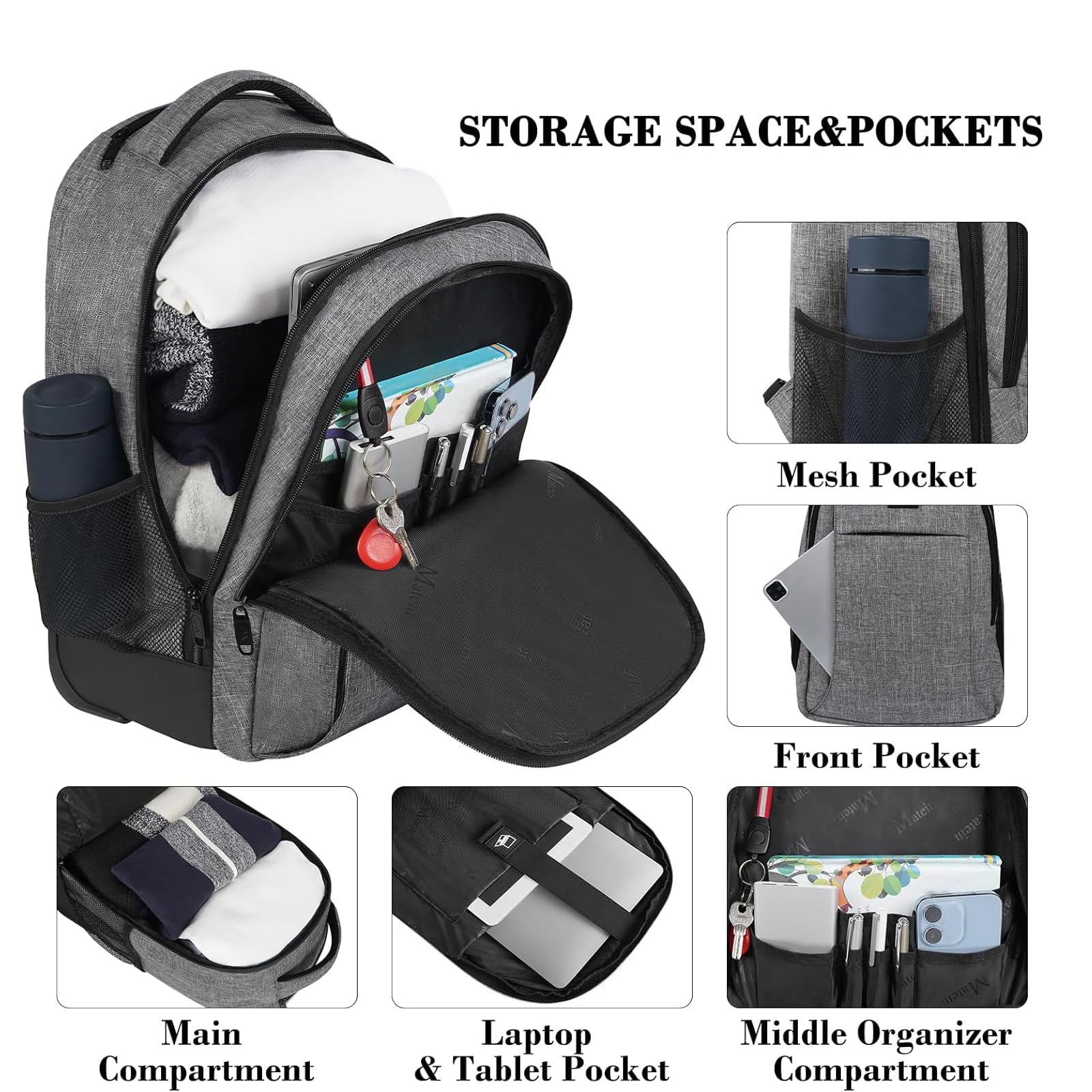 MATEIN Schulrucksack mit Rollen, Business Trolley Leicht Handgepäck Flugzeug Reiserucksack Herren 17 Zoll Laptoptasche Reisetasche mit Rädern Damen Schultrolley Wheeled Backpack für Arbeit, Uni, Grau