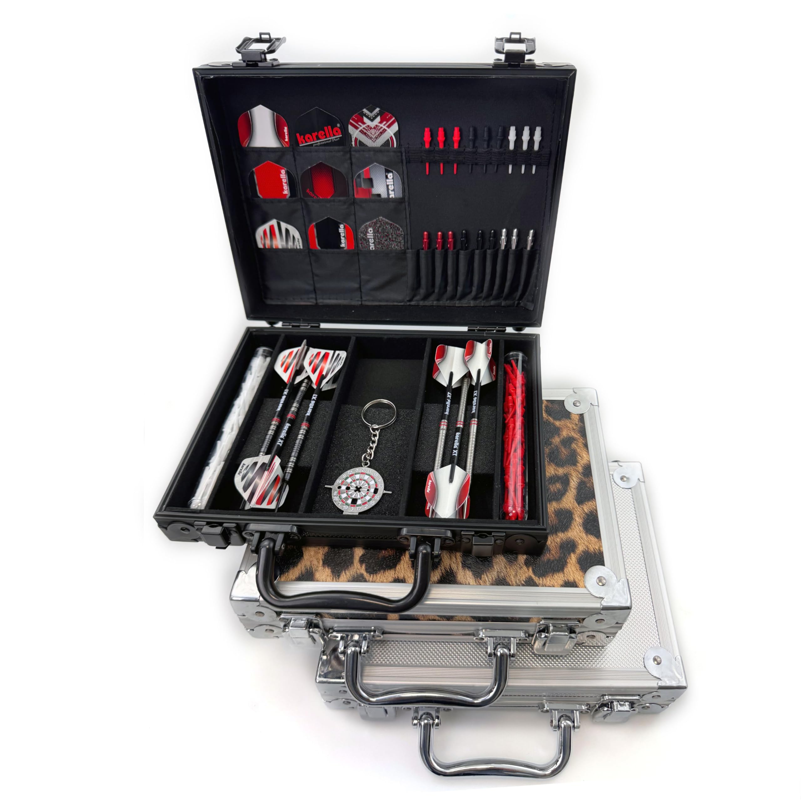 Karella Dartkoffer Alu PAK, großes Profi Dartcase für 4 Satz Darts, Fächer für Zubehör, robust mit Alu-Kantenschutz, in schwarz, Silber und Leopard