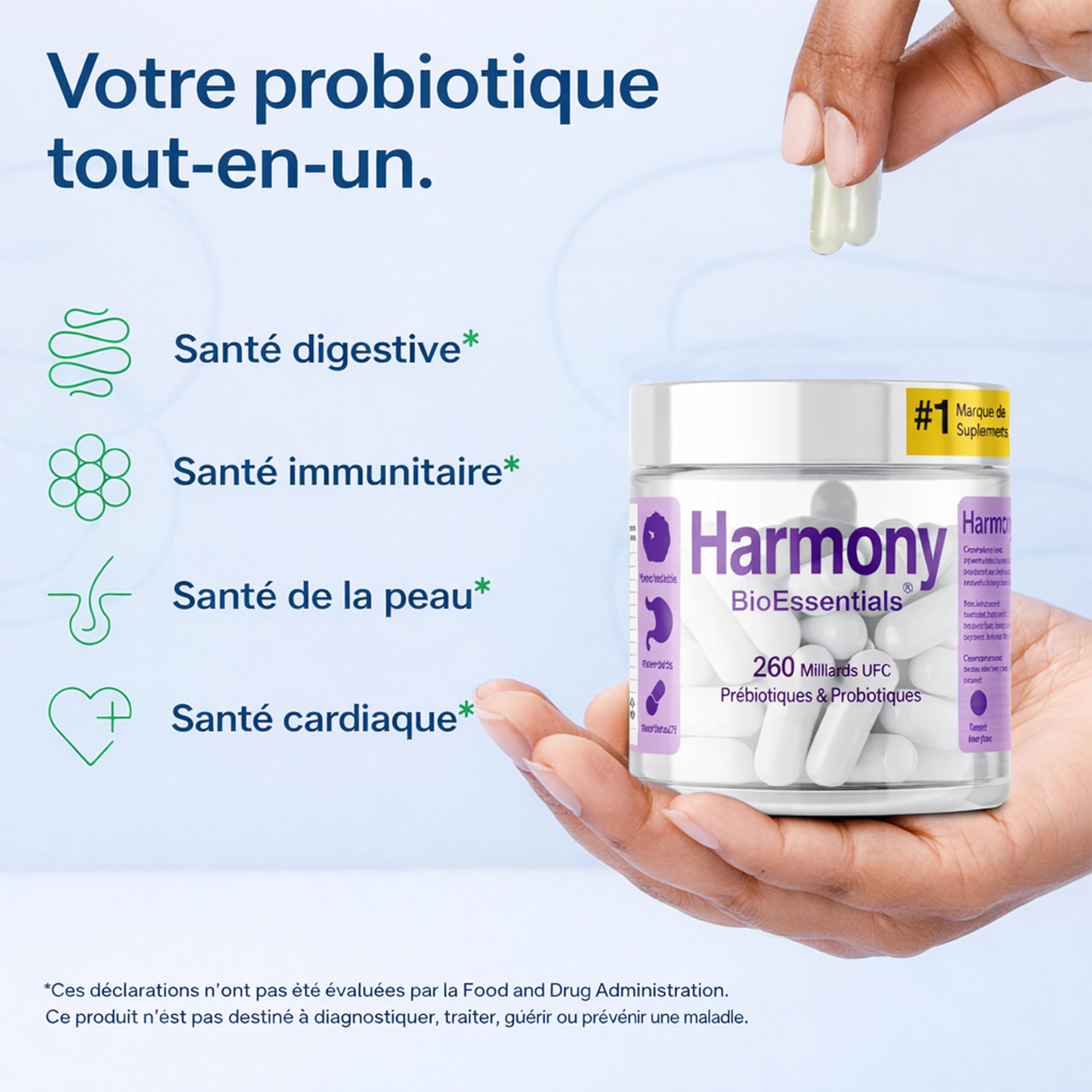 Harmony – Probiotiques & Prébiotiques – 260 Milliards UFC & 10 Souches – Soutien immunitaire – Inuline FOS GOS + Enzymes Digestives + Vitamines C & D3 – 90 Gélules Végétales