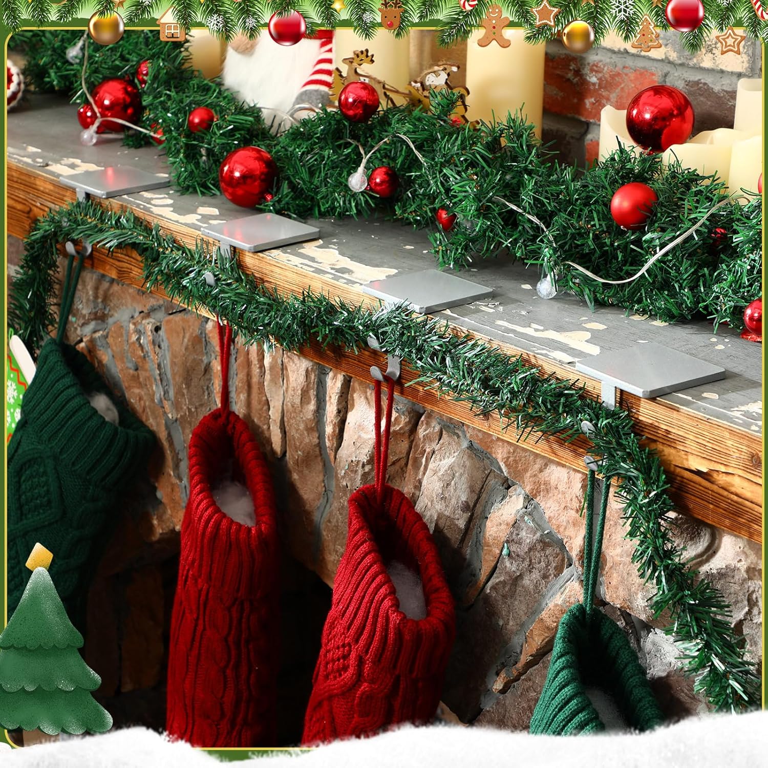 Zhengmy 6 Pcs 2 in 1 Fireplace Stocking and Garland Hangers Heavy Duty Metal Christmas Stocking Holder for Mantle, Two Hooks Hangers for Garland Balls Fireplace Xmas Holiday Party Decoration (Silver)