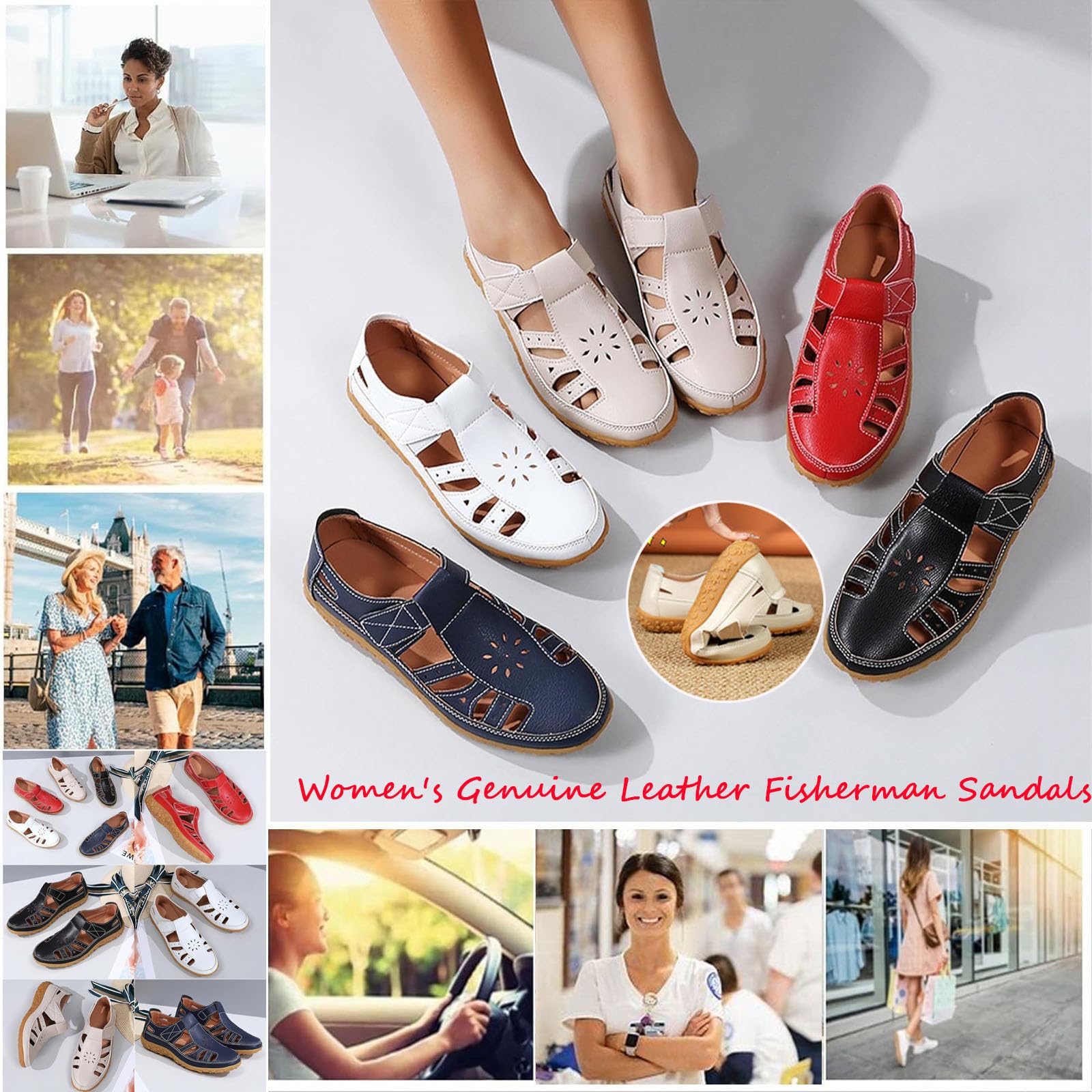 Mary Jane Scarpe da donna in vera pelle sandali da pescatore estate comfort chiuso punta ortopedica sandali casual lavoro ufficio infermieristica scarpe