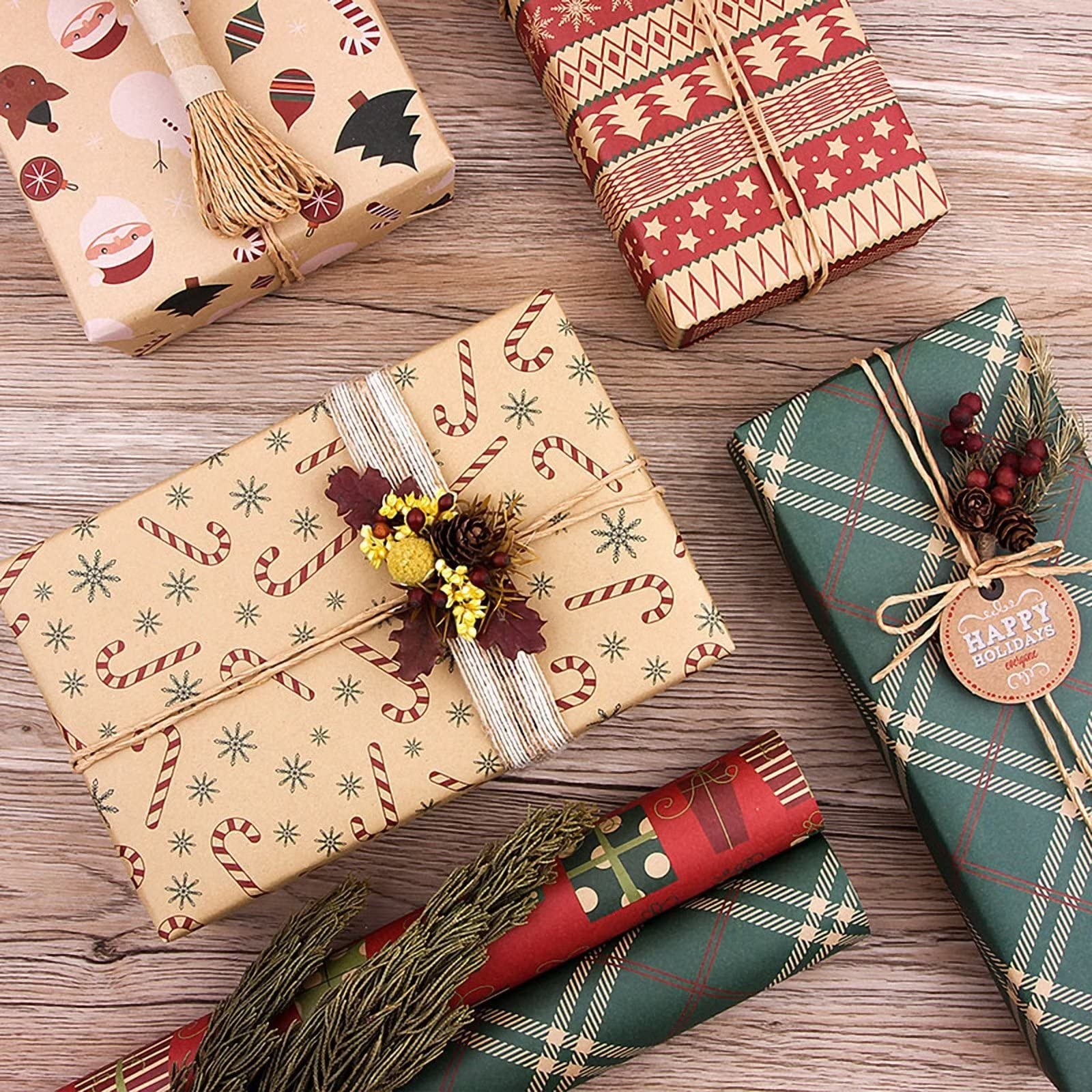 6 Rollen Weihnachts-Geschenkpapier, Kraftpapier, Büffelkariert, Geschenk, Schneeflocke, Ball, Baum, Schneemann, Weihnachtsmann, Geschenkpapier mit Schnur, Aufkleber für Urlaub, Party, 27,6 x 39,3 pro