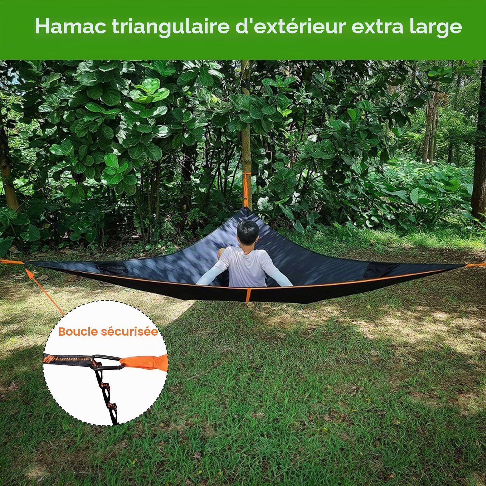 Hamac triangulaire extra large de 4 m pour camping, capacité multi-personnes, design aérien, supporte jusqu'à 226,8 kg
