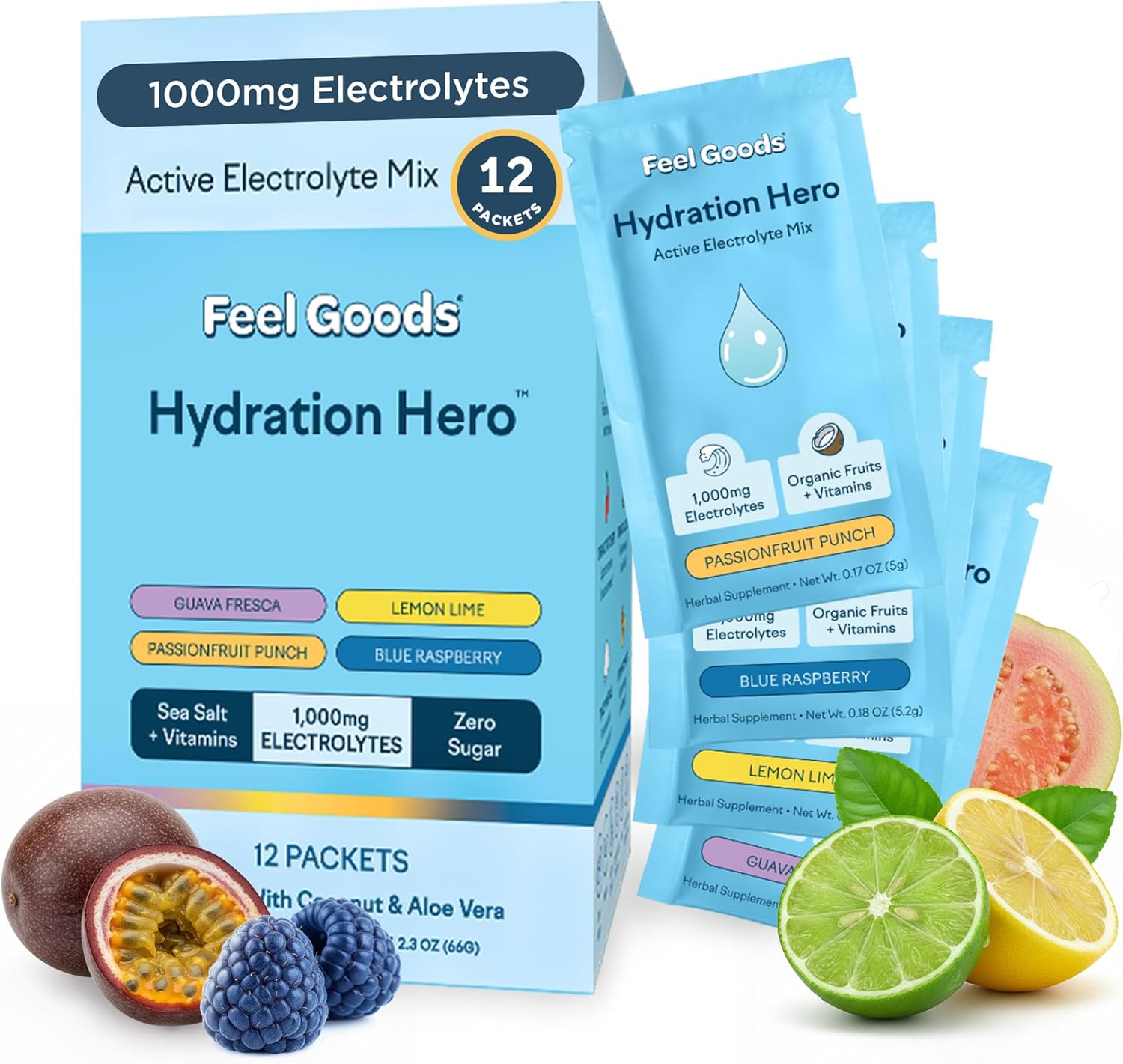 Feel Goods Hydration Hero Variety Pack, Sugar-Free Electrolyte Powder Packets - Daily Electrolytes Drink Mix with Magnesium, Potassium & Vitamins for Fasting & Energy - Keto, Vegan & Organic Flavors