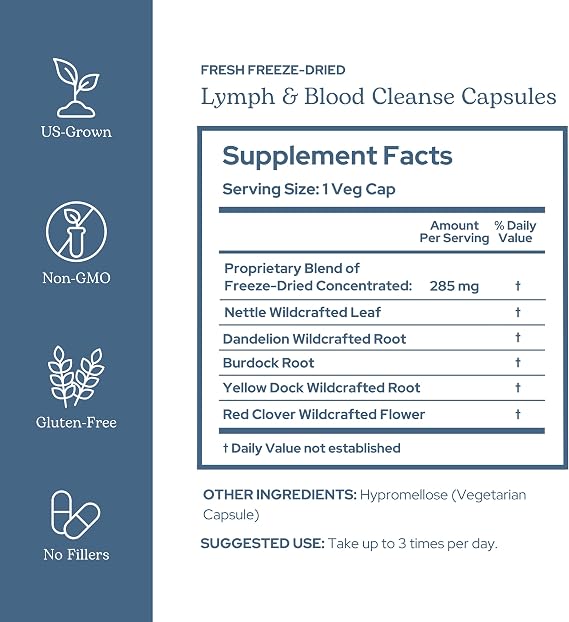 Eclectic Herb - Lymph & Blood Cleanse Capsules | Lymphatic & Circulatory Support | Freeze Dried, Concentrated Herbal Supplement | Natural, Wildcrafted, Non-GMO, Gluten Free, Vegan (45 CT | 285 mg)