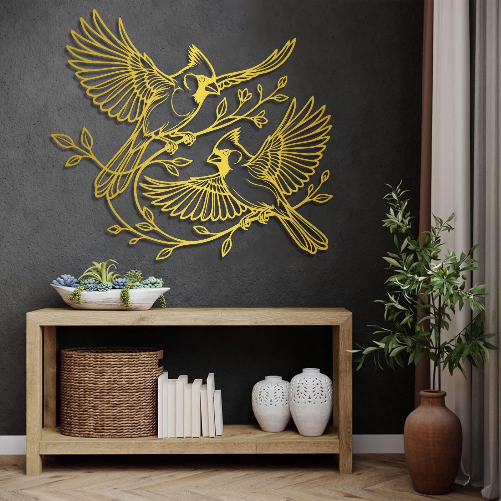 Schwarze Kardinäle als Wanddeko aus Metall, rustikales Wandbild mit Zwei Kardinälen aus Metall, Moderne Vogelskulptur für Wohnzimmer, Schlafzimmer, Flur und Treppenhaus (Silber, 48 cm breit)