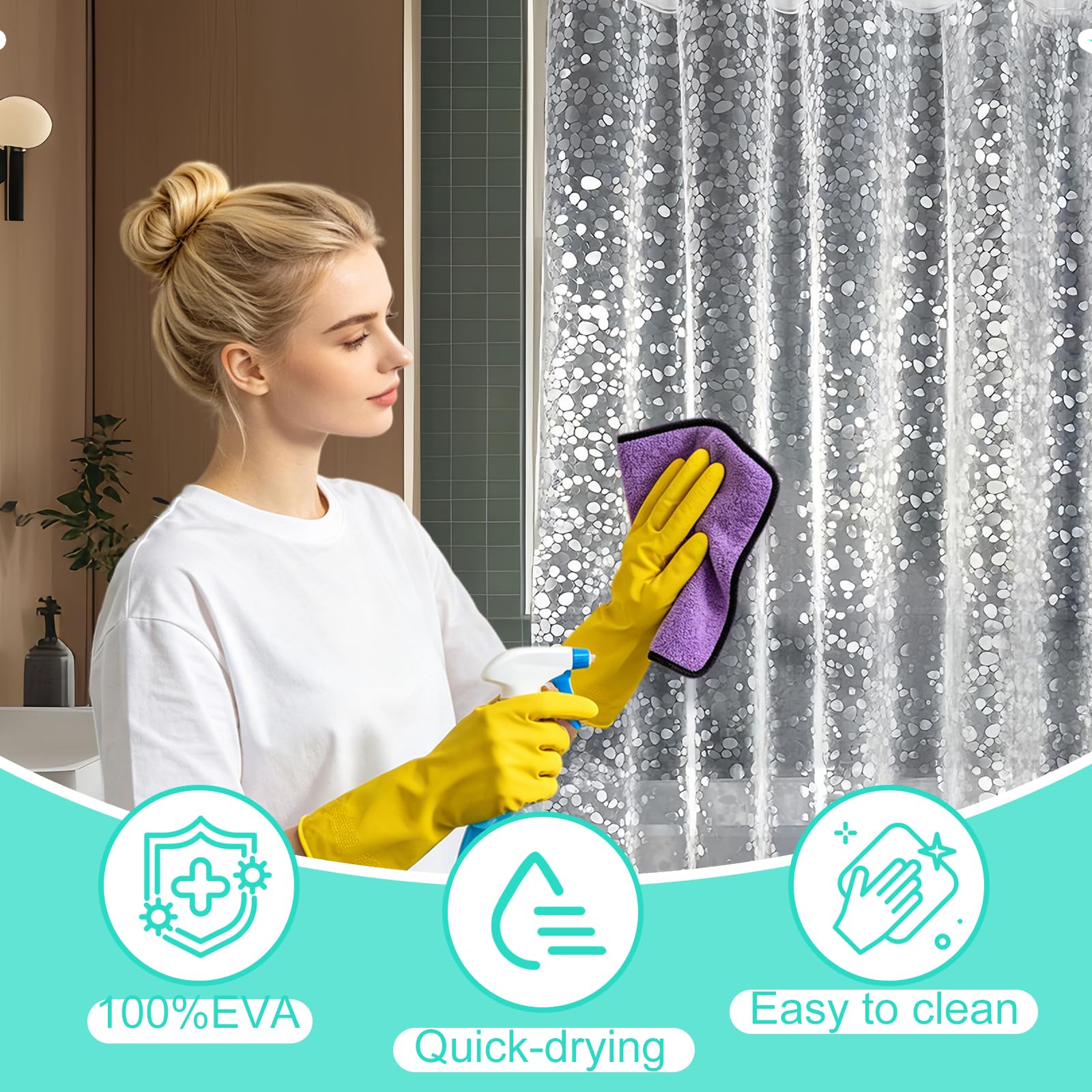 Przezroczysta zasłona prysznicowa 180 x 180 cm, odporna na pleśń, wzór kamyków 3D, z 3 magnesami na dole i 12 haczykami, wodoszczelna, do łazienki, wanny