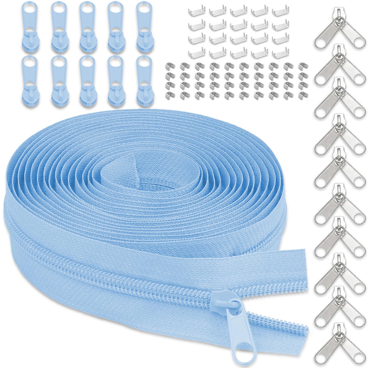 #3 Nylon Zipper Tape for Sewing: YZSFIRM 10 Yards Sky Blue by The Yard Nylon Coil Zippers for DIY Sewing Craft with 10 Bulk Metal Zipper Slider and 10 Double Slider