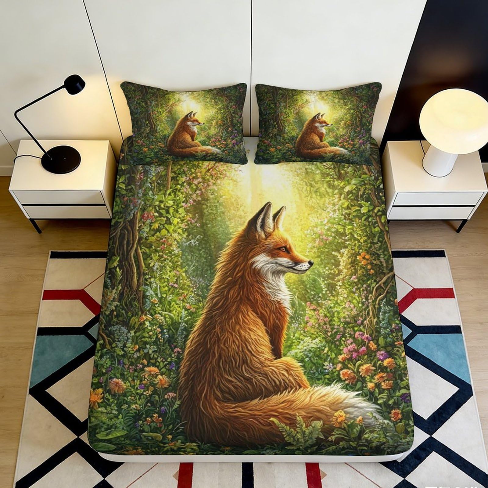 3D Printed Forest Fox Fitted Sheet Microfiber Deep Pocket Non-Slip Bedding Forest Fox Mattress Fitted Cover Elastic Hem for Bedroom Adults 140x200x25cm