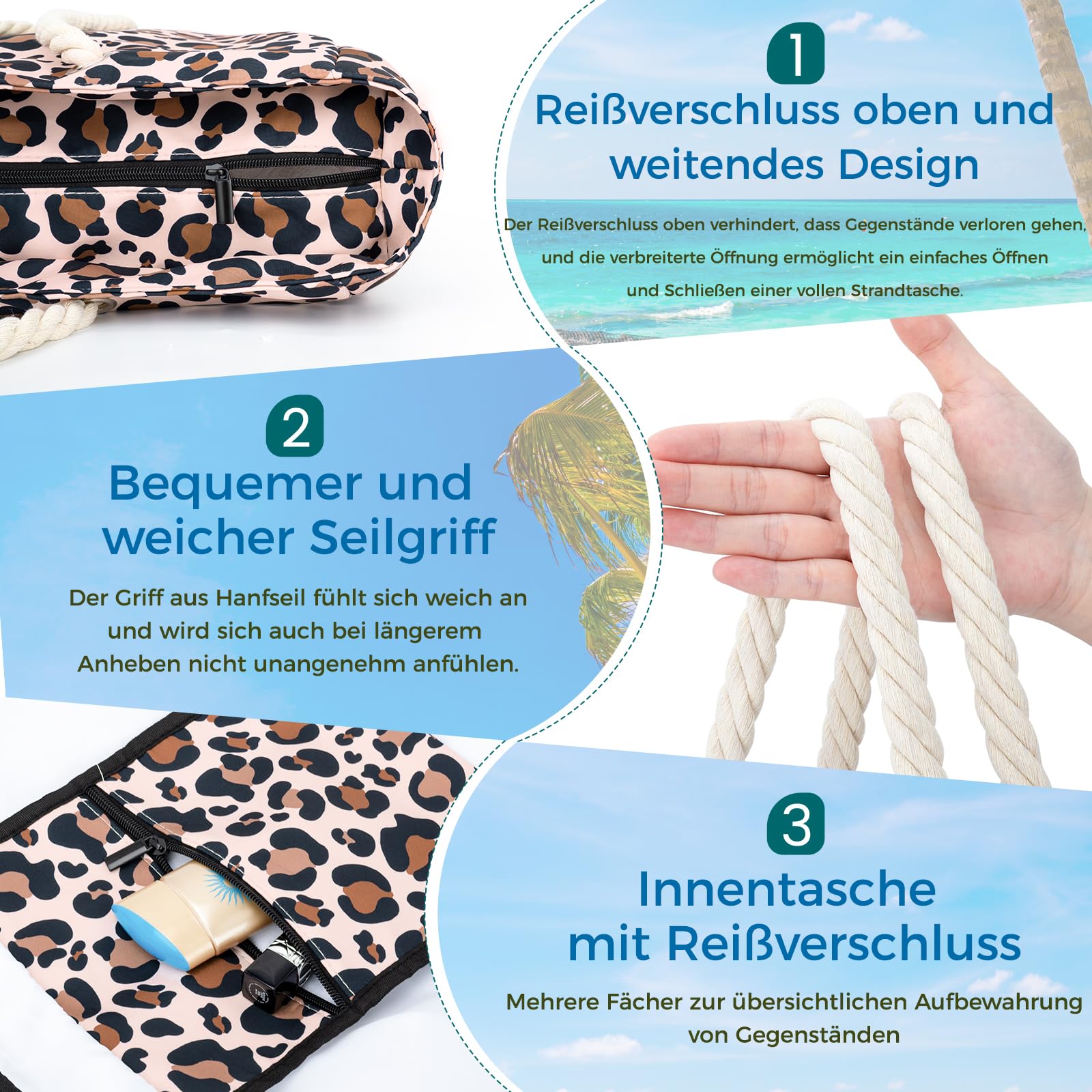 benpen Strandtasche XXL Familie mit Reißverschluss, Große Leo Badetasche Schwimmtasche Damen Faltbar, Beach Bag Strand Tasche Daily Shopper Sommertasche für Strand Reisen Urlaub Schwimmbad Pool