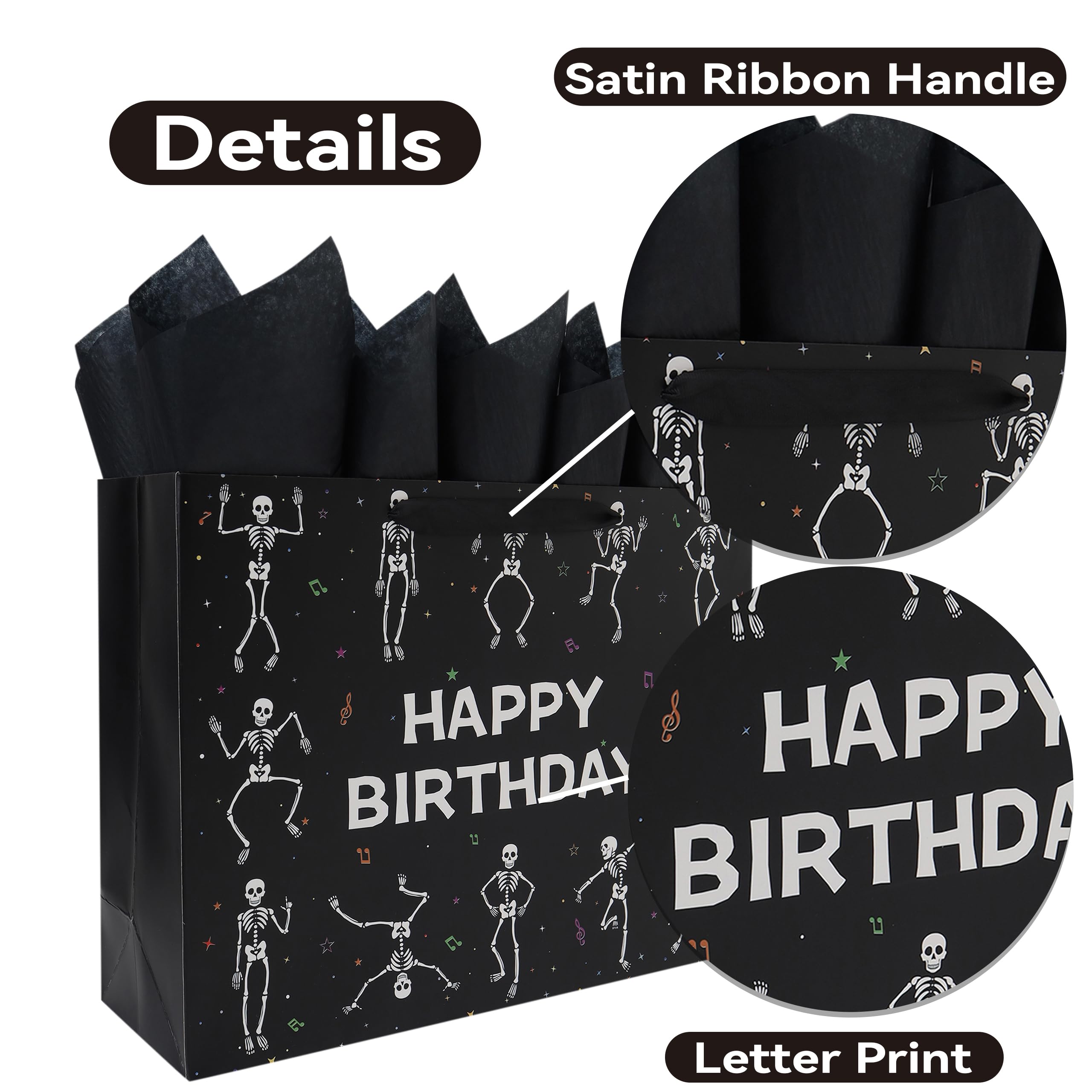 wishinside 16.5'' Extra Large Black Birthday Gift Bag Set with Handles, Greeting Card, Tissue Papers and Stickers for Men Boys Kids Teens for Birthday Party, 1 Pcs
