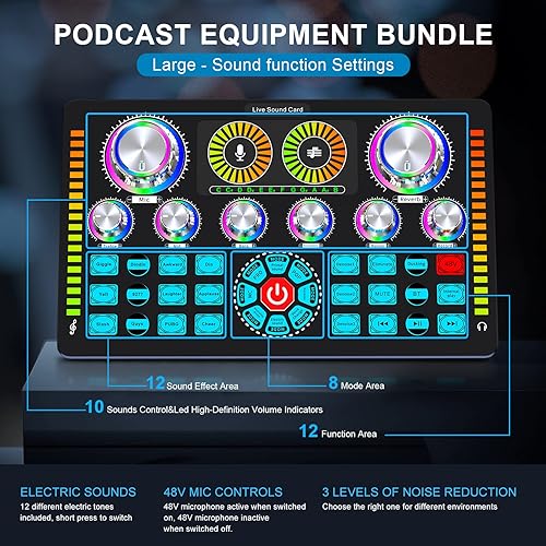 Miniatura 3 de Paquete de equipo de podcast, interfaz de audio y micrófono condensador XLR, equipo de estudio con alimentación fantasma de 48 V, Bluetooth