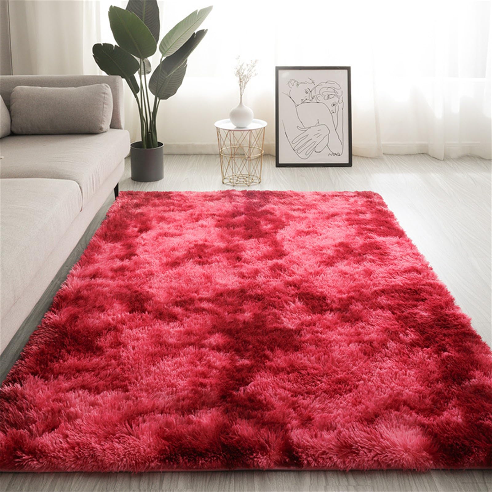 Tapis à poils longs bordeaux 180x200cm doux et antidérapant pour la chambre