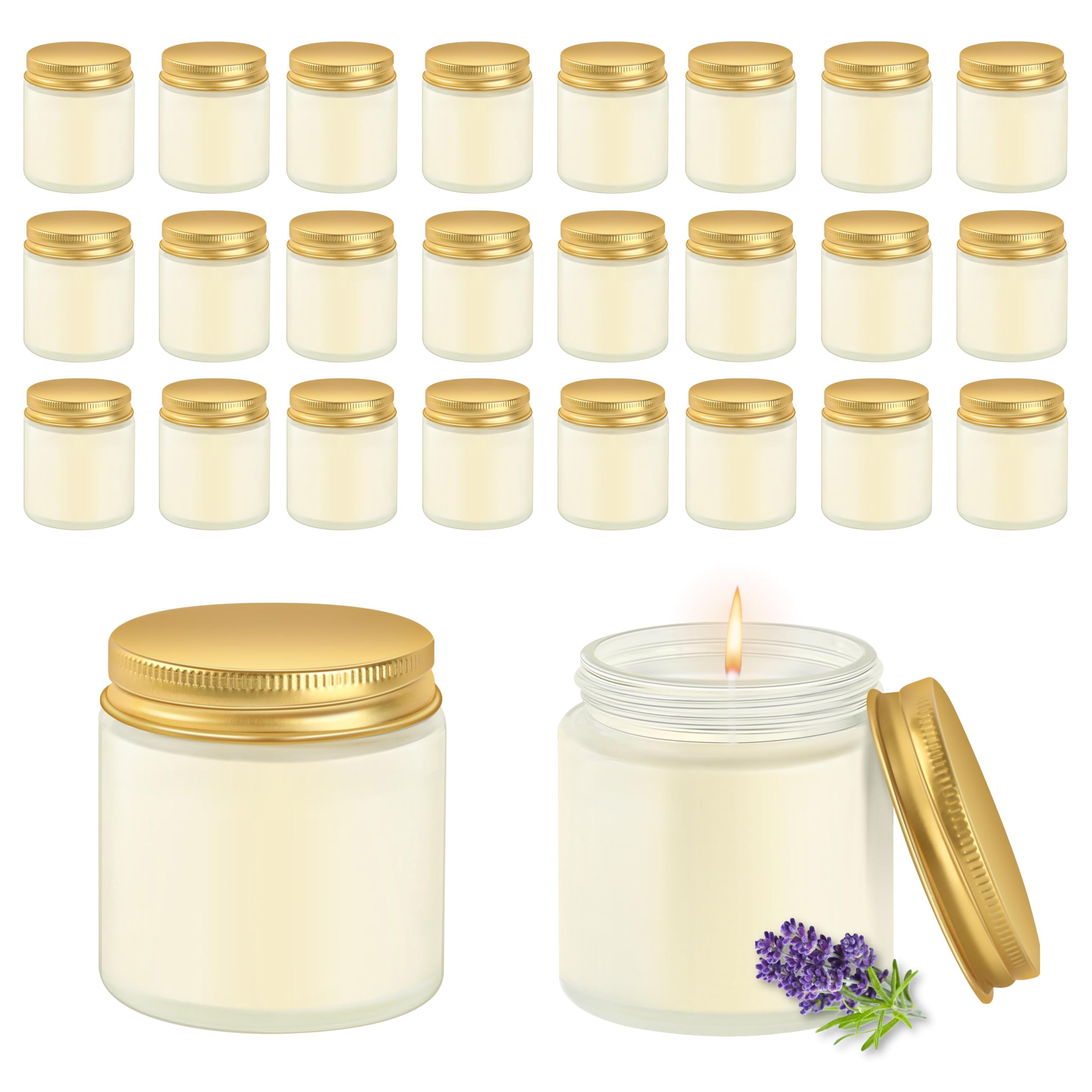 ACITHGL 24 Pcs Frosted Glass 4oz Mini Mason Jar Candles Small Lavender Scented Candles Bulk Aromatherapy Ideal Souvenir Favors for Wedding Birthday Party (Gold, Frosted, 24)