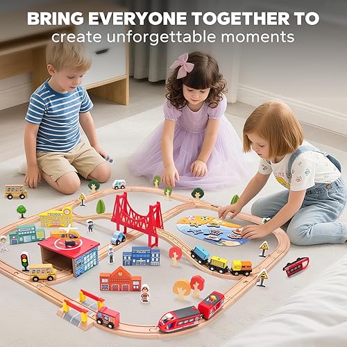 Miniatura 6 de Juego de tren de madera de 118 piezas, juego de tren de escena urbana con pistas de madera para niños de 3 a 8 años, regalo de juguete ideal para