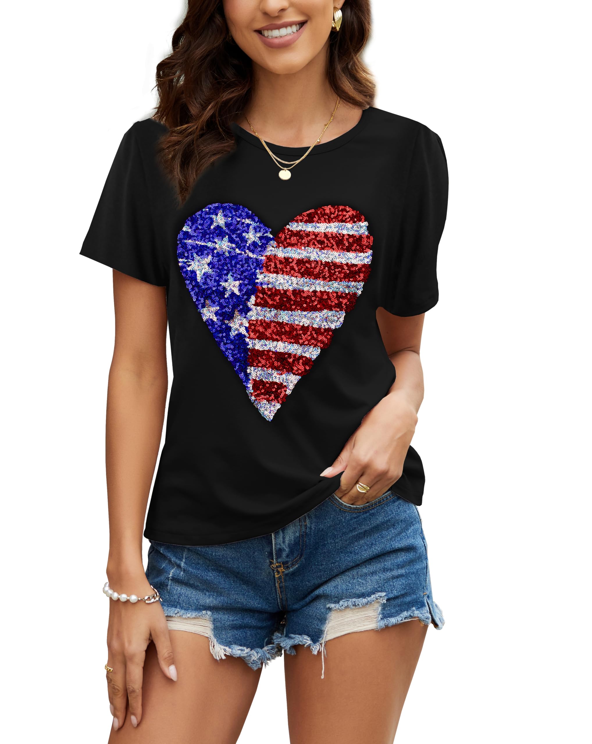 PESION Womens Short Sleeve T-Shirt Sequined Tops O-Neck Funny Graphic Tees Blouse