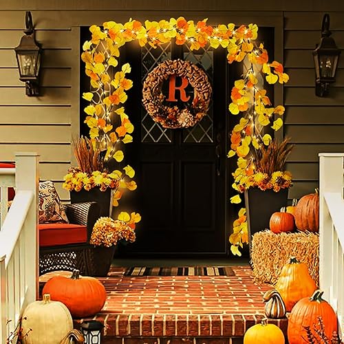 Miniatura 3 de 1.8M 6FT Lighted Fall Garland Battery Operated Fall Vine Garland with Lights Timer & 100 LEDs & 8 Flashing Lights for Autumn Home Mantel Fireplace