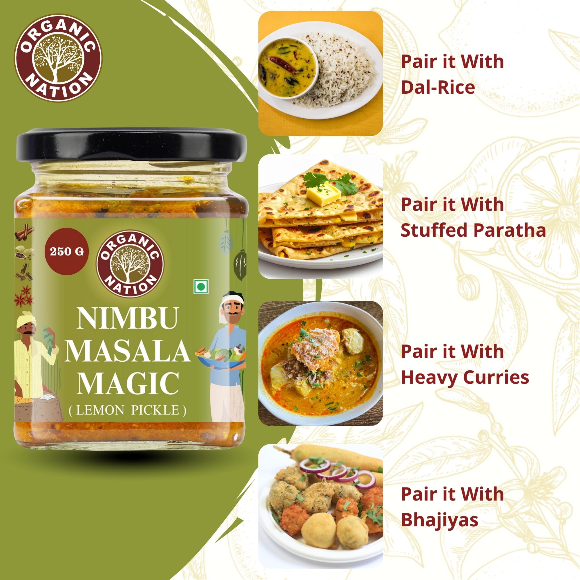 ORGANIC NATION Zesty & Authentic Lemon Pickle | Premium Lemon Achar with Tangy & Spicy Flavour Traditional Nimbu Ka Achar Natural & Preservative-Free 250g Jar Bright Yellow Delight for Every Meal 1
