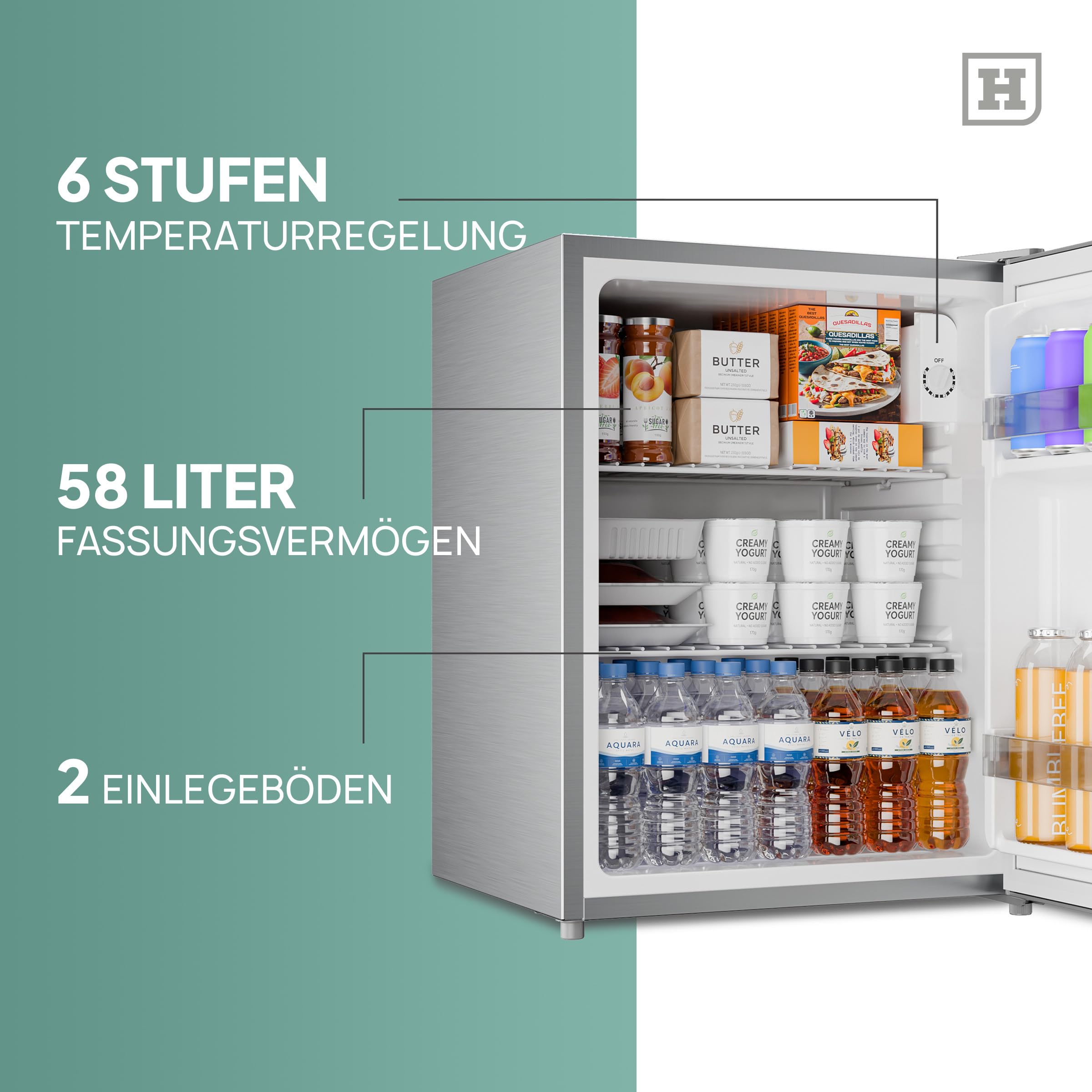 Heinrich´s Getränkekühlschrank 58L,klein, Mini-Kühlschrank für Dosen, Flaschen, Snacks, modernes Design, Tisch-Kühlschrank, leise:39dB geeignet für Büro, Camping, Garten, Outdoor, Hotels, Schlafzimmer