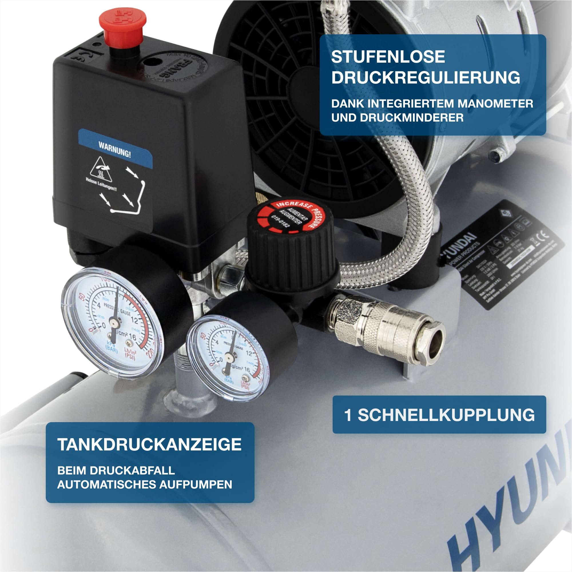 HYUNDAI Silent Kompressor SAC15024 SET | 24L Kessel | 1.5kW (2PS), 9bar | 202 L/Min Ansaugleistung | Luftkompressor leise, ölfrei | 1 Anschluss | geräuscharmer Flüsterkompressor | mit Zubehör