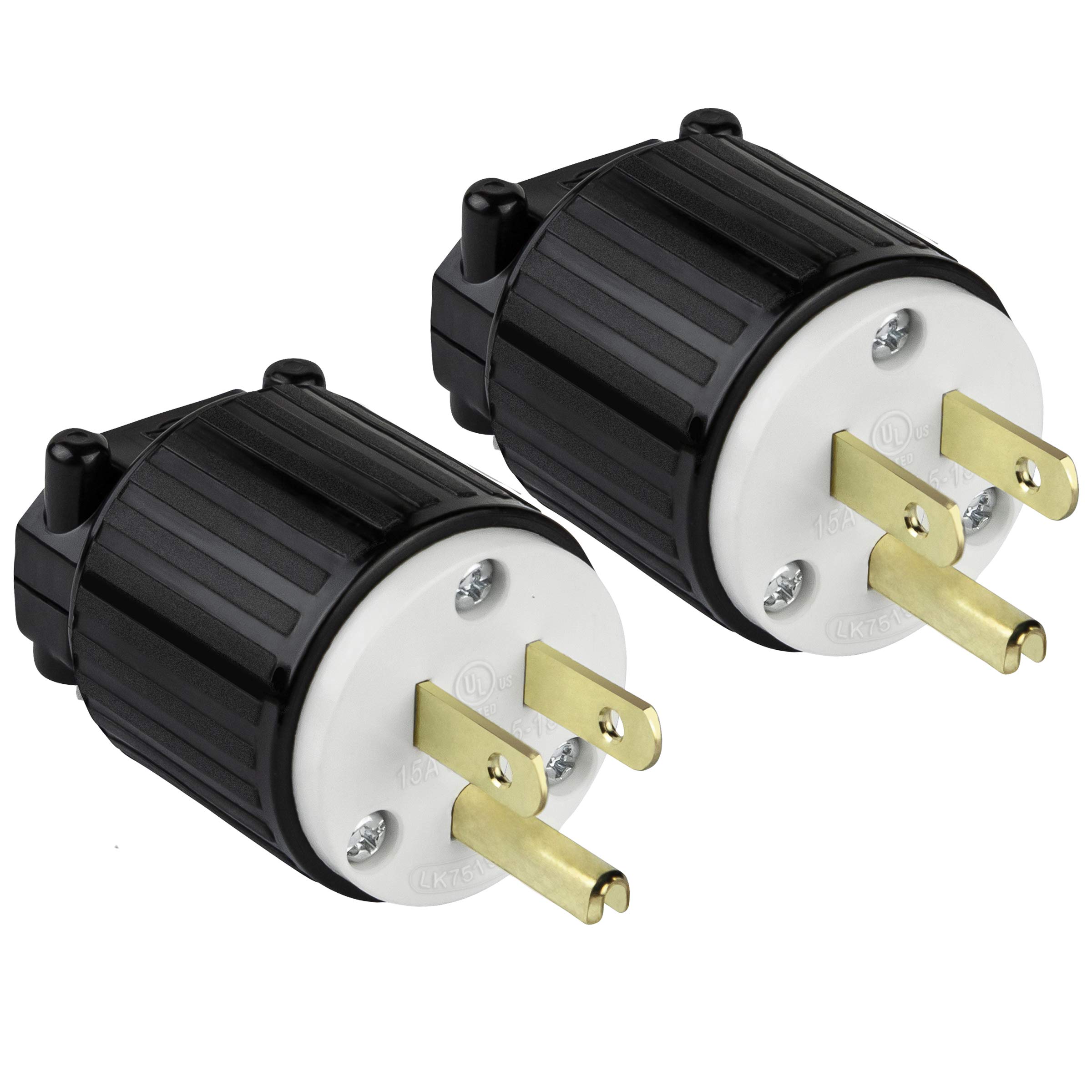 ENERLITES NEMA 5-15P Straight Blade Replacement Plug Connector, Male Extension Cord Ends, 15 Amp, 125 Volt, 2 Pole, 3 Wire Grounding, Industrial Grade, Heavy Duty, UL Listed, 66200-BK, Black, 2 Pack