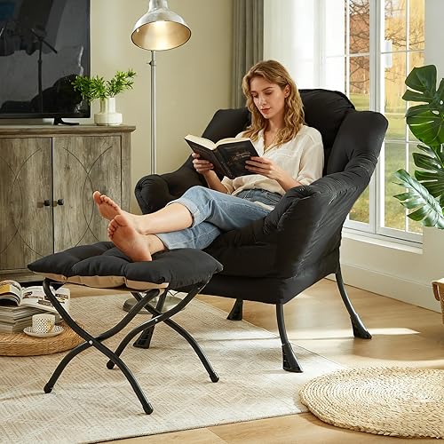 Miniatura 2 de HollyHOME Silla perezosa con otomana plegable, sillón cómodo y reposapiés plegable, sofá de ocio silla de lectura y reposapiés para sala de estar,