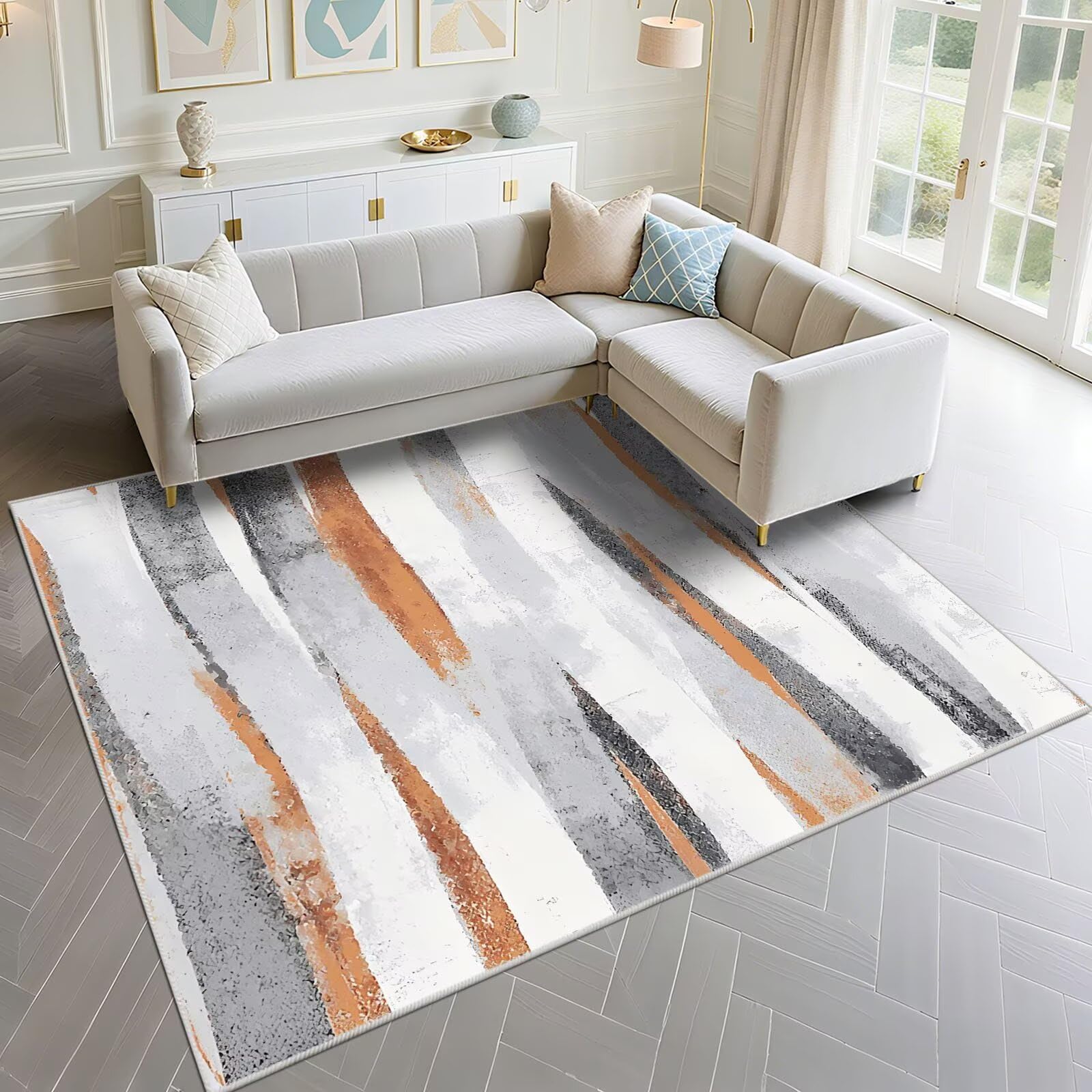 Tapis insonorisant haut de gamme 170x240cm au motif abstrait gris et orange pour salon