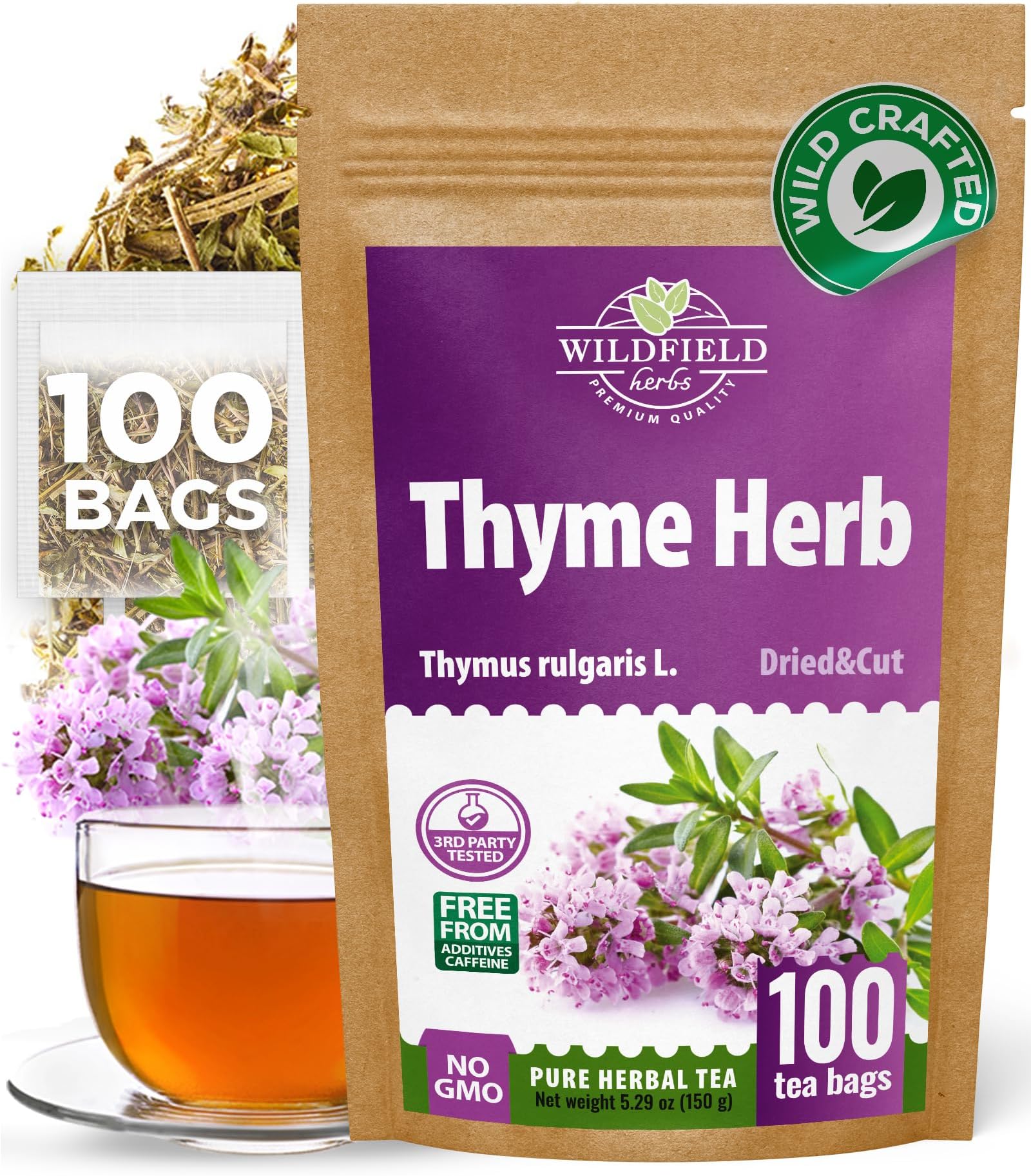 100 Bags Thyme Tea Thyme Leaves Tyme Herb Tea (Thymi Serpiylli Herba) - 100 Count 1.5 g Bags Thymus Serpyllum Herb Tomillo En Hierba