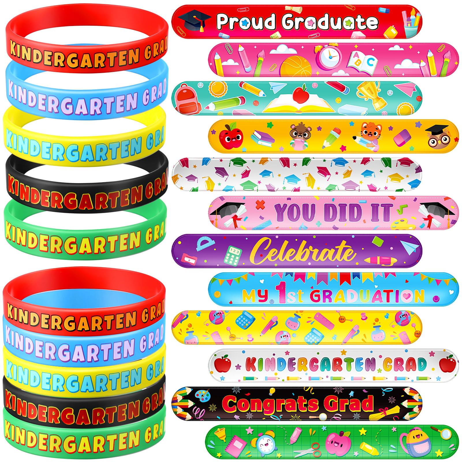 48 Pcs Kindergarten Graduation Party Favors Set 24 Preschool Congrats Grad Slap Bracelets 24 Prek Grad Wristbands for Elementary Kindergarten Graduation Gift Goodie Bag Stuffers Supplies