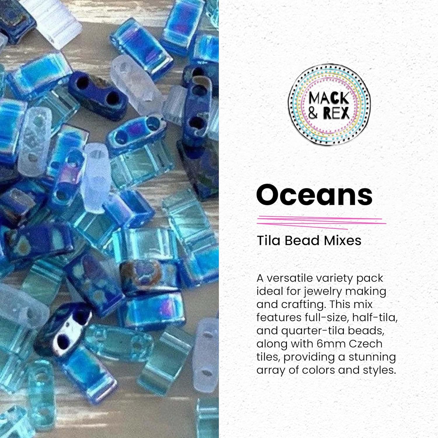 Mack and Rex Tila Bead Mixes (Ocean) – Half Tila Beads – Includes Transparent Sky Blue (HTL0148), Picasso Blue Cobalt (HTL4518), Silky Ice Blue, Cobalt Matte Rainbow and a Few Others.