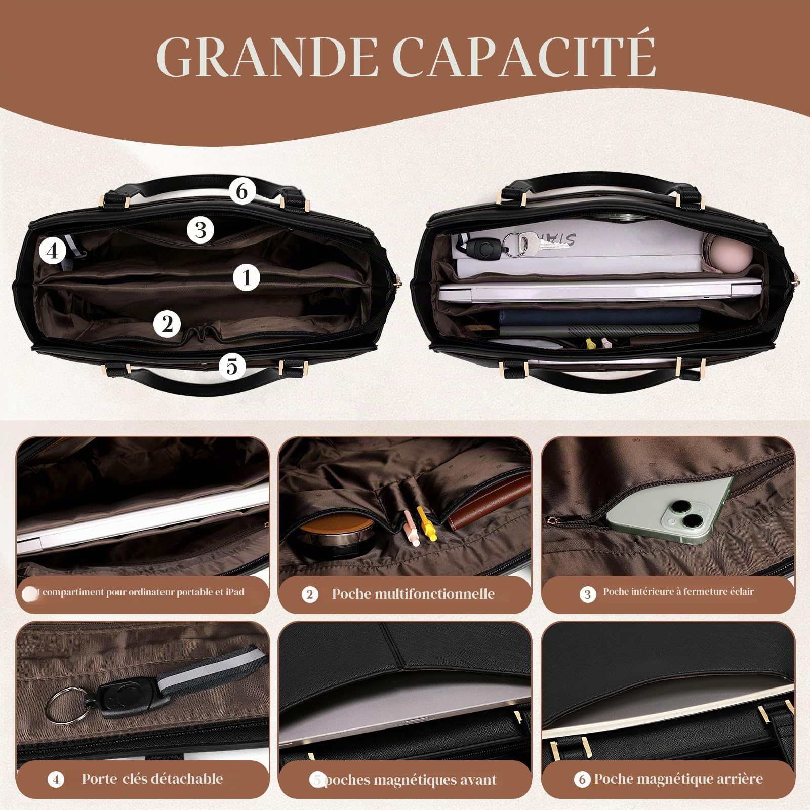 RAINSMORE Sac à Main Femme Grand Sac Cabas Imperméable Sacs Ordinateur Portable 14 Pouces Sacs Fourre-Tout Cuir PU Avec Fermeture Éclair Poche Intérieure Cours Voyage Affaires École