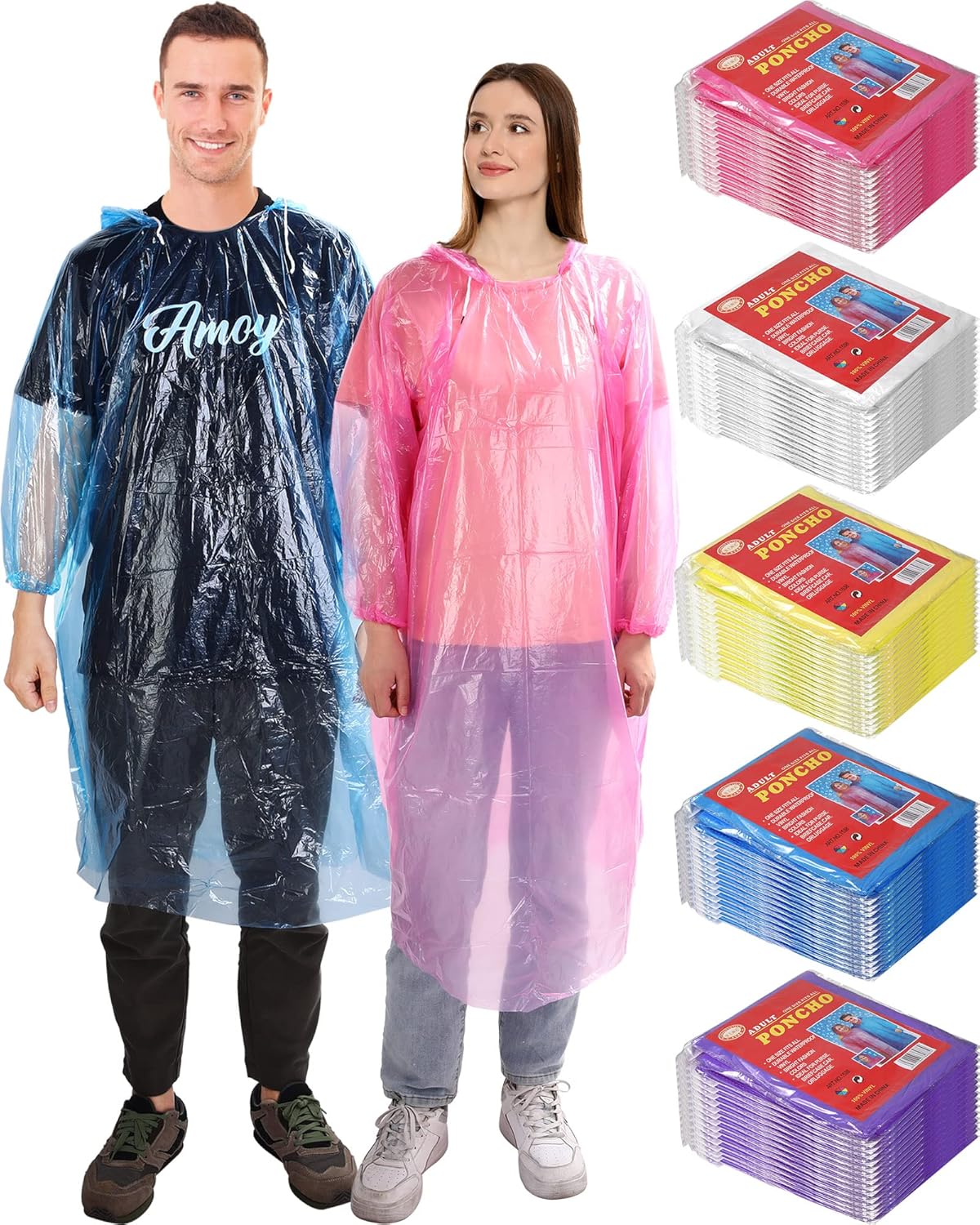 JaGely 80 Pack Disposable Adult Rain Ponchos Bulk Wedding Family Travel Theme Parks Homeless Hooded Elastic Outdoor Raincoat(Multicolor)