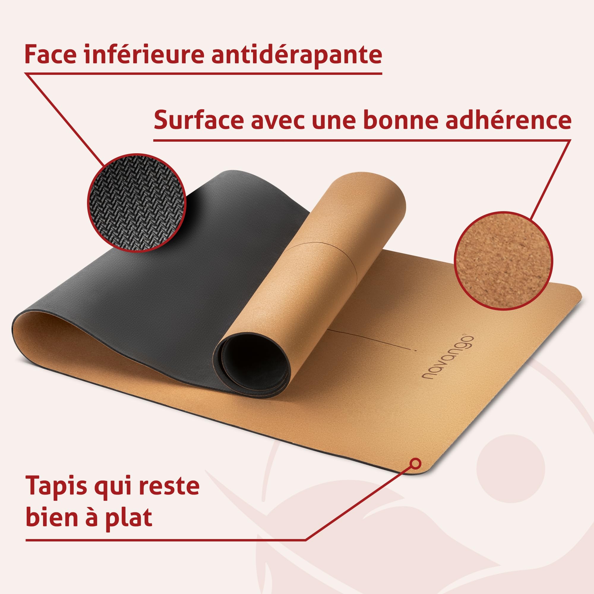 Tapis de Yoga en Liège Naturel Antidérapant 183x61cm 4mm avec Sangle de Transport Lignes d’Alignement